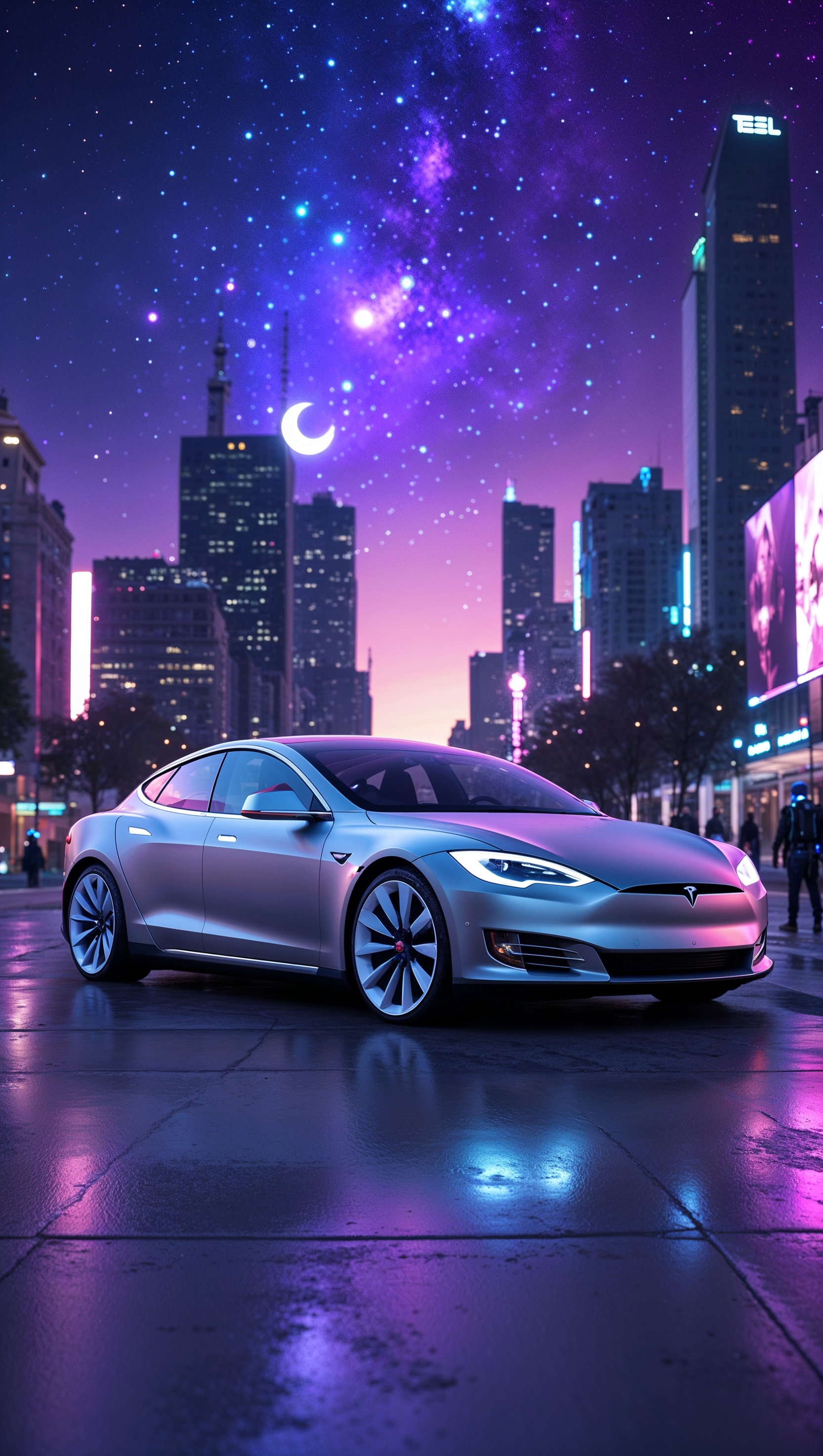 Tesla Model S in a futuristic city with a starry sky