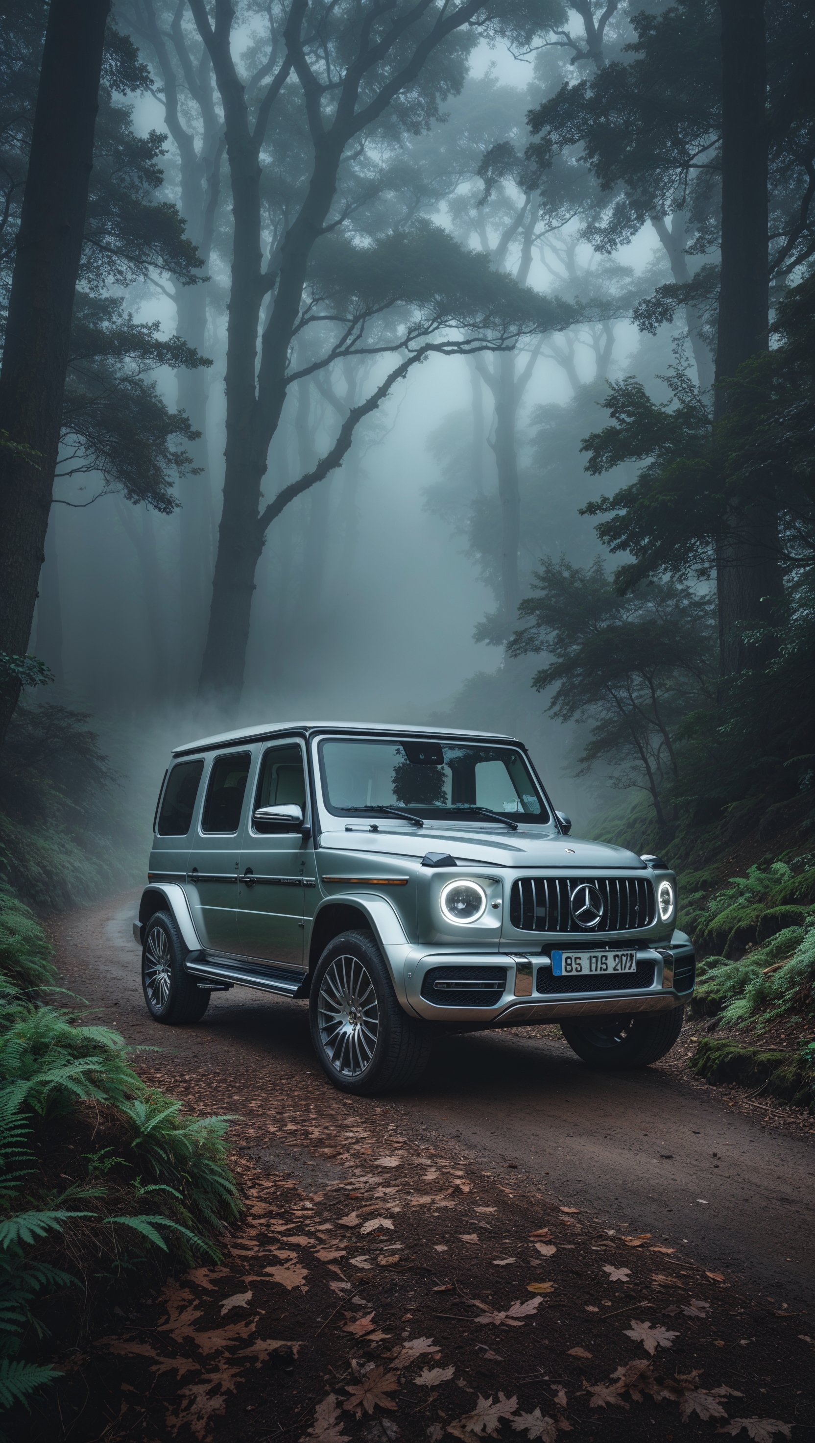 Mercedes G-Class in a foggy forest trail