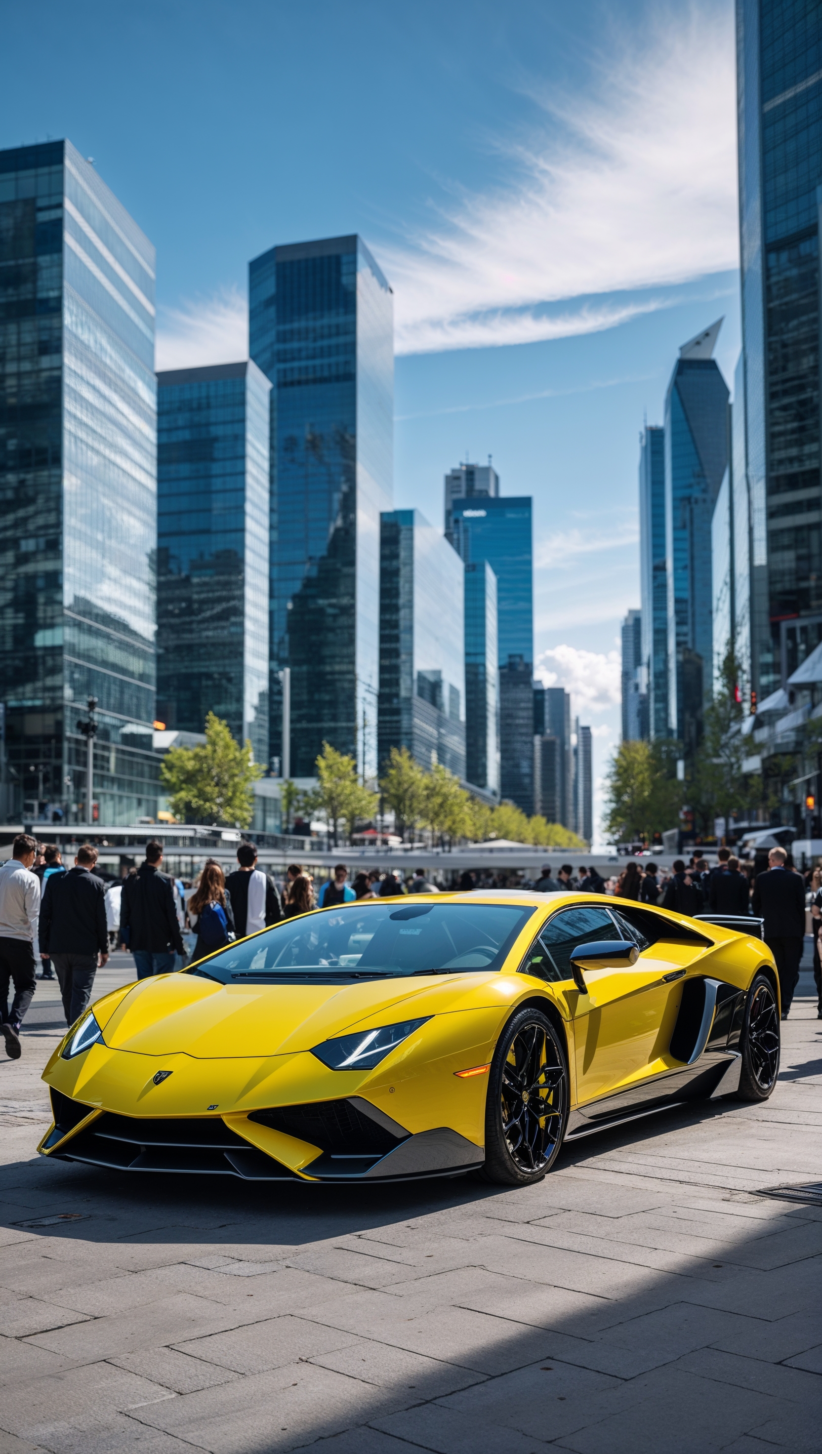 Yellow Lamborghini in front of modern skyscrapers