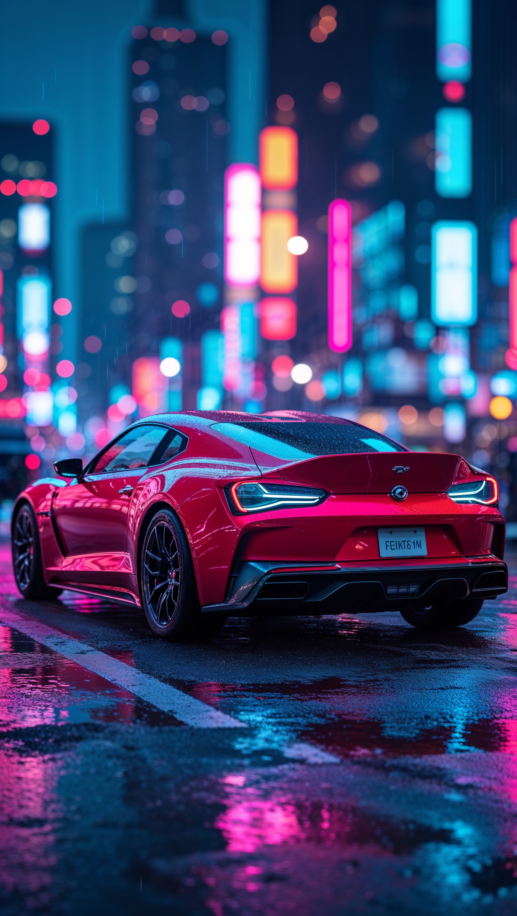 Red sports car at night with neon lights – iPhone wallpaper style