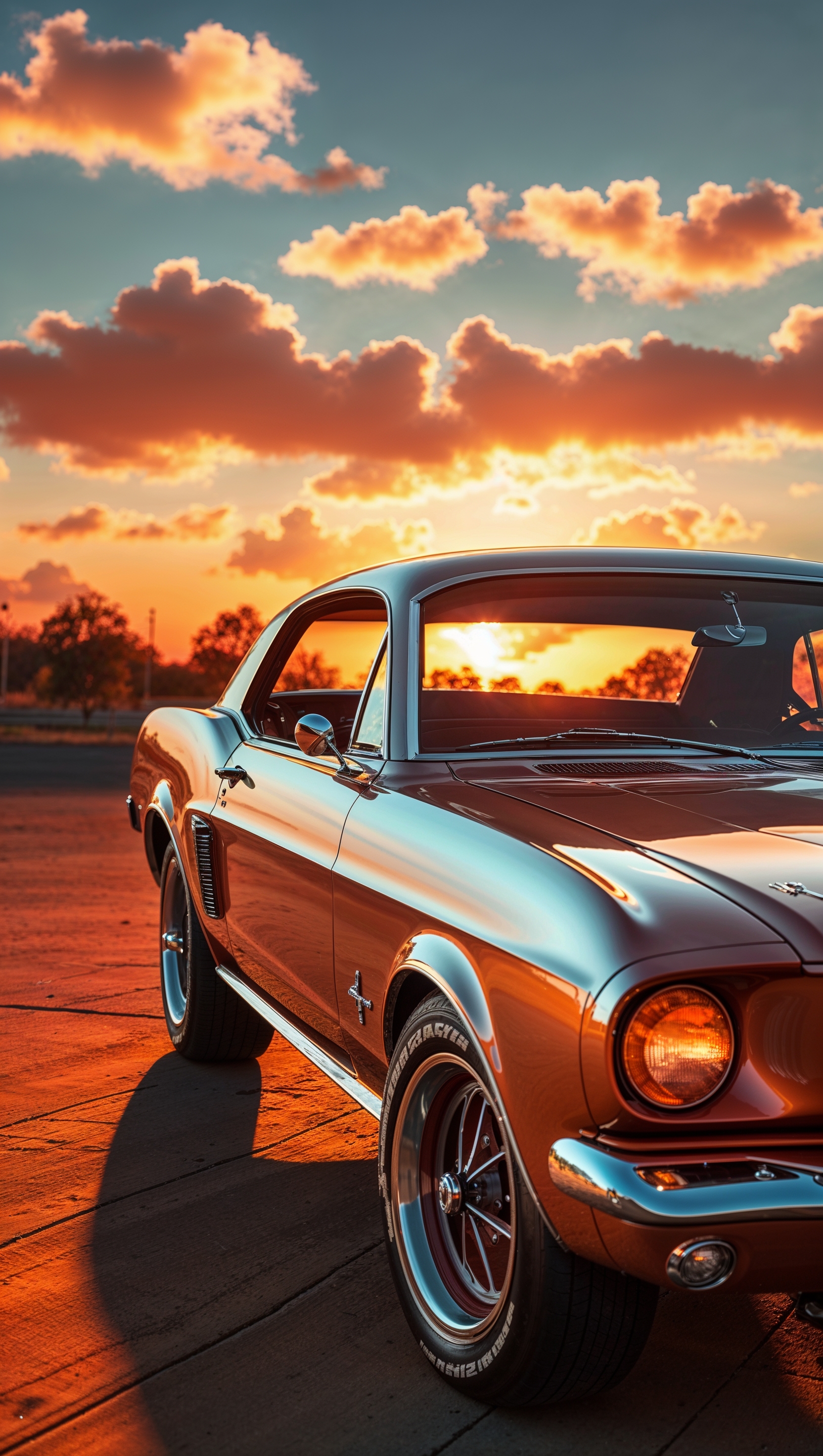 1960s classic car with an orange sunset background