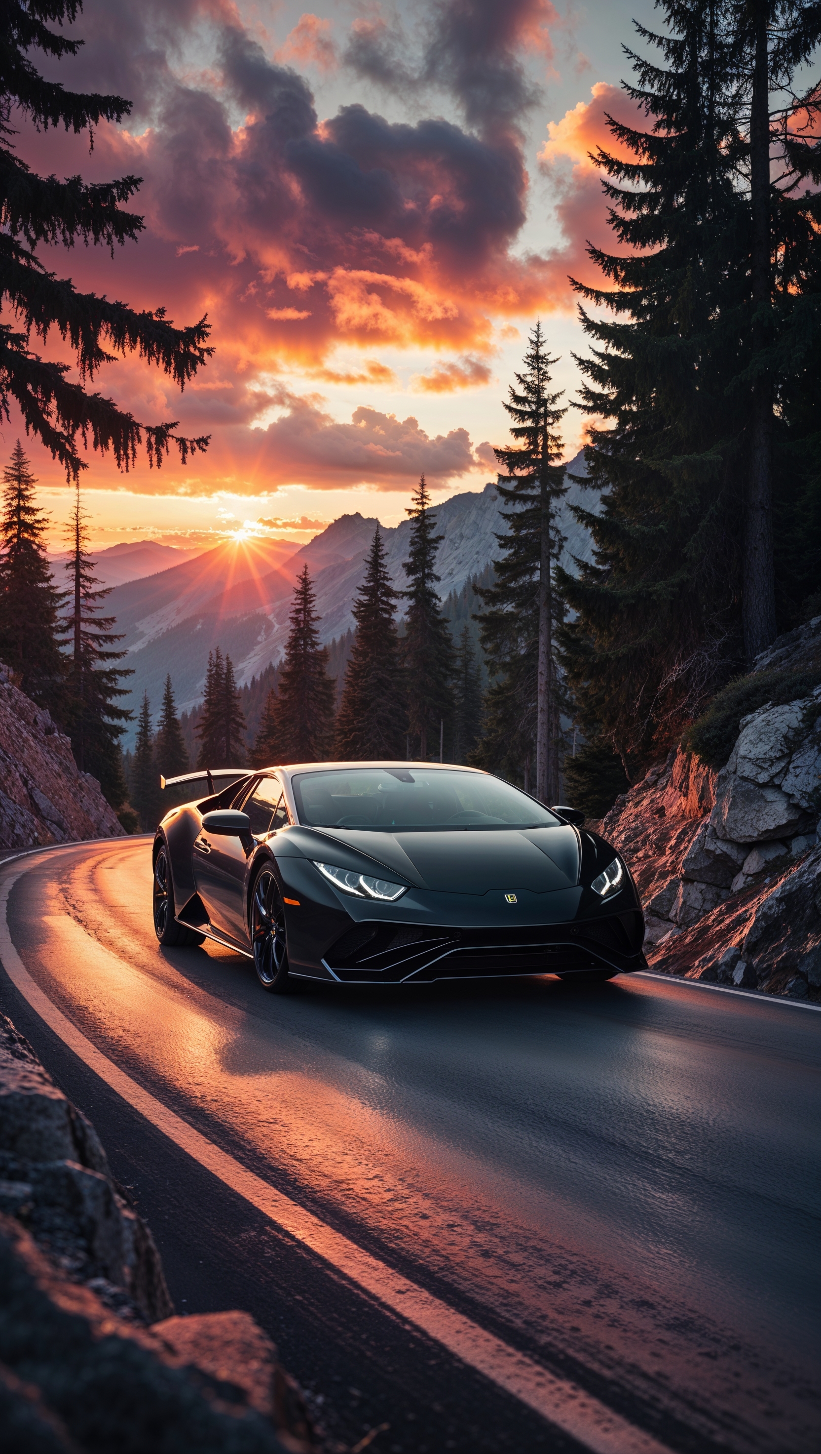 Lamborghini on a mountain road at sunset