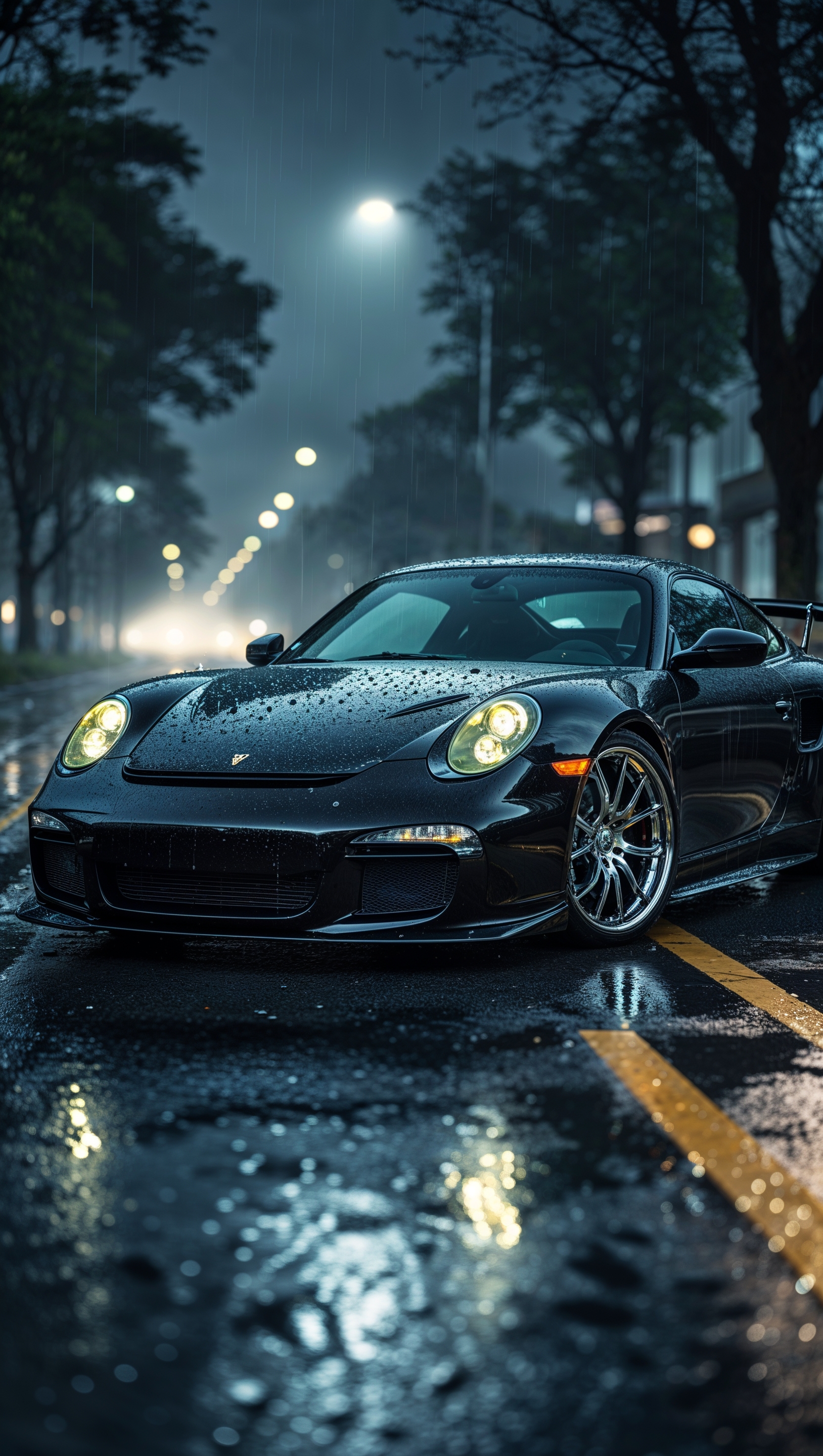 Black sports car on a wet night road