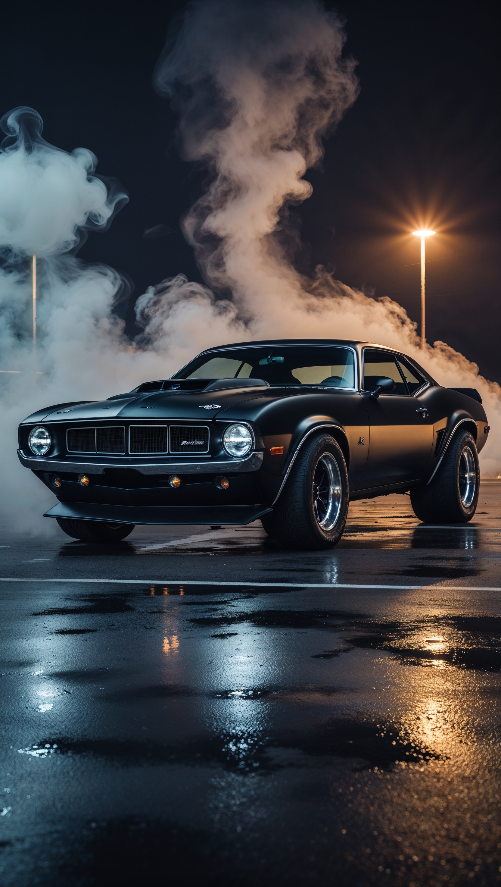American muscle car in a dark parking lot with smoke