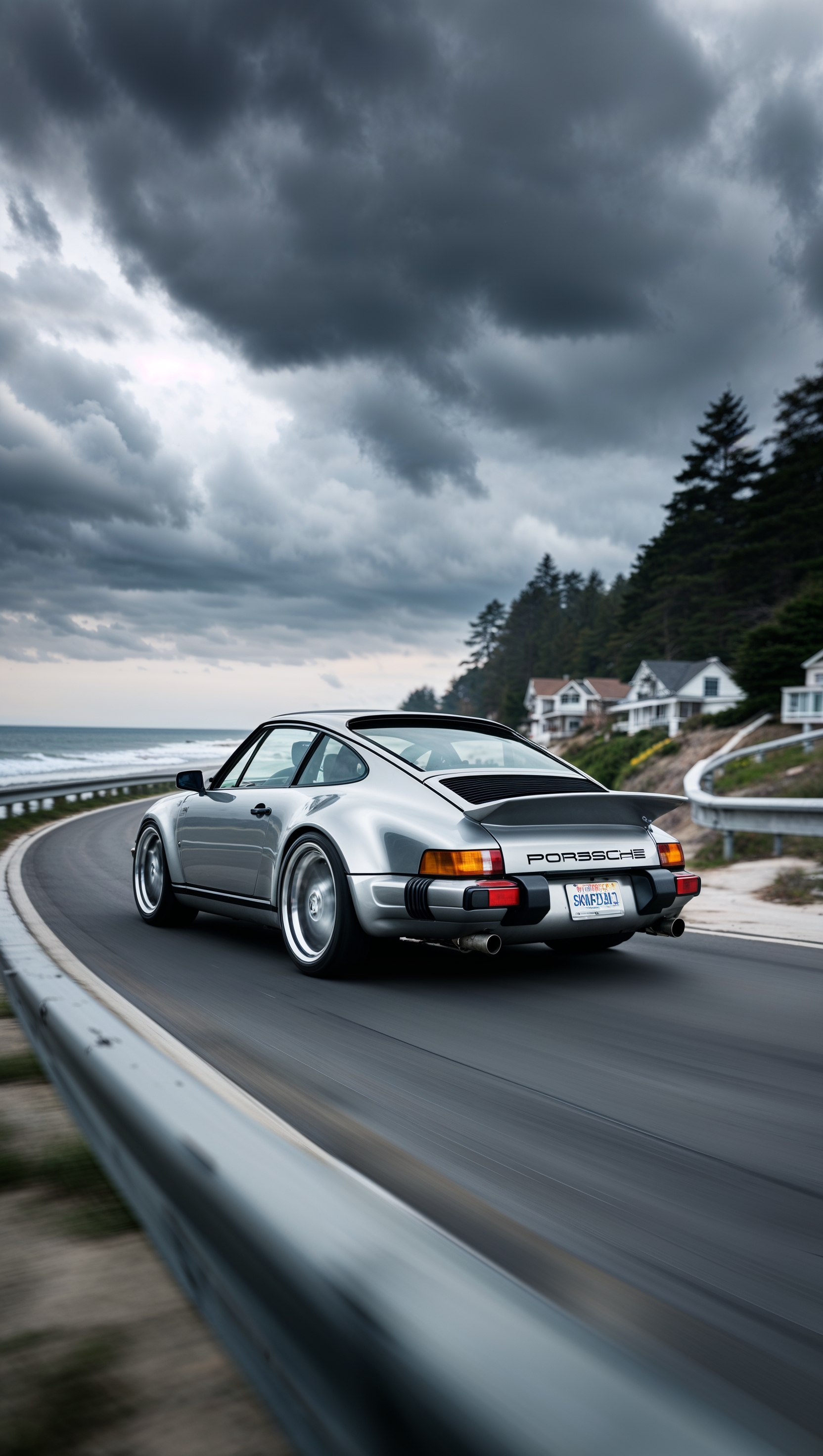 Porsche 911 on a coastal road in cloudy weather