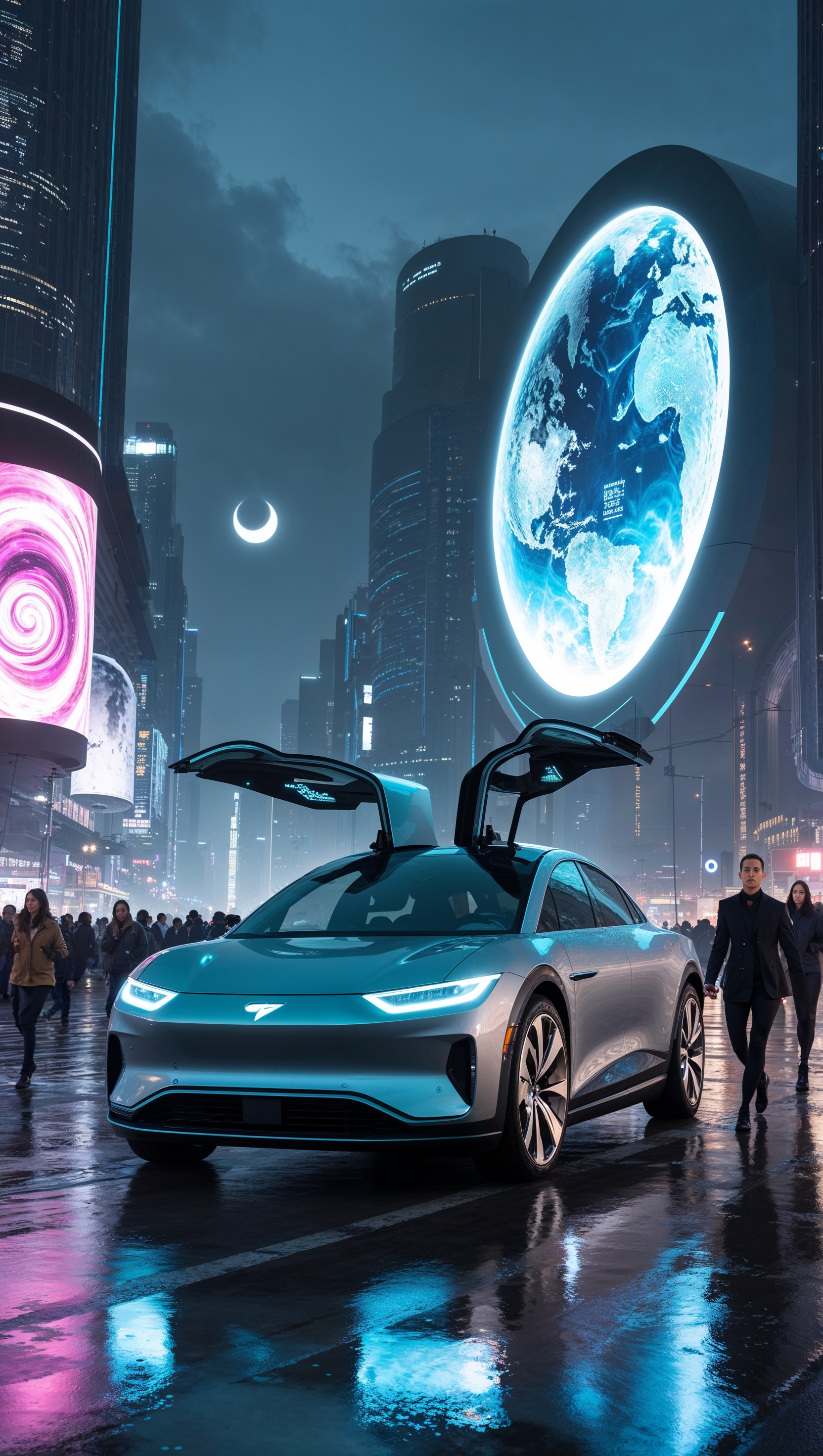 Electric car in a futuristic city with holographic signs