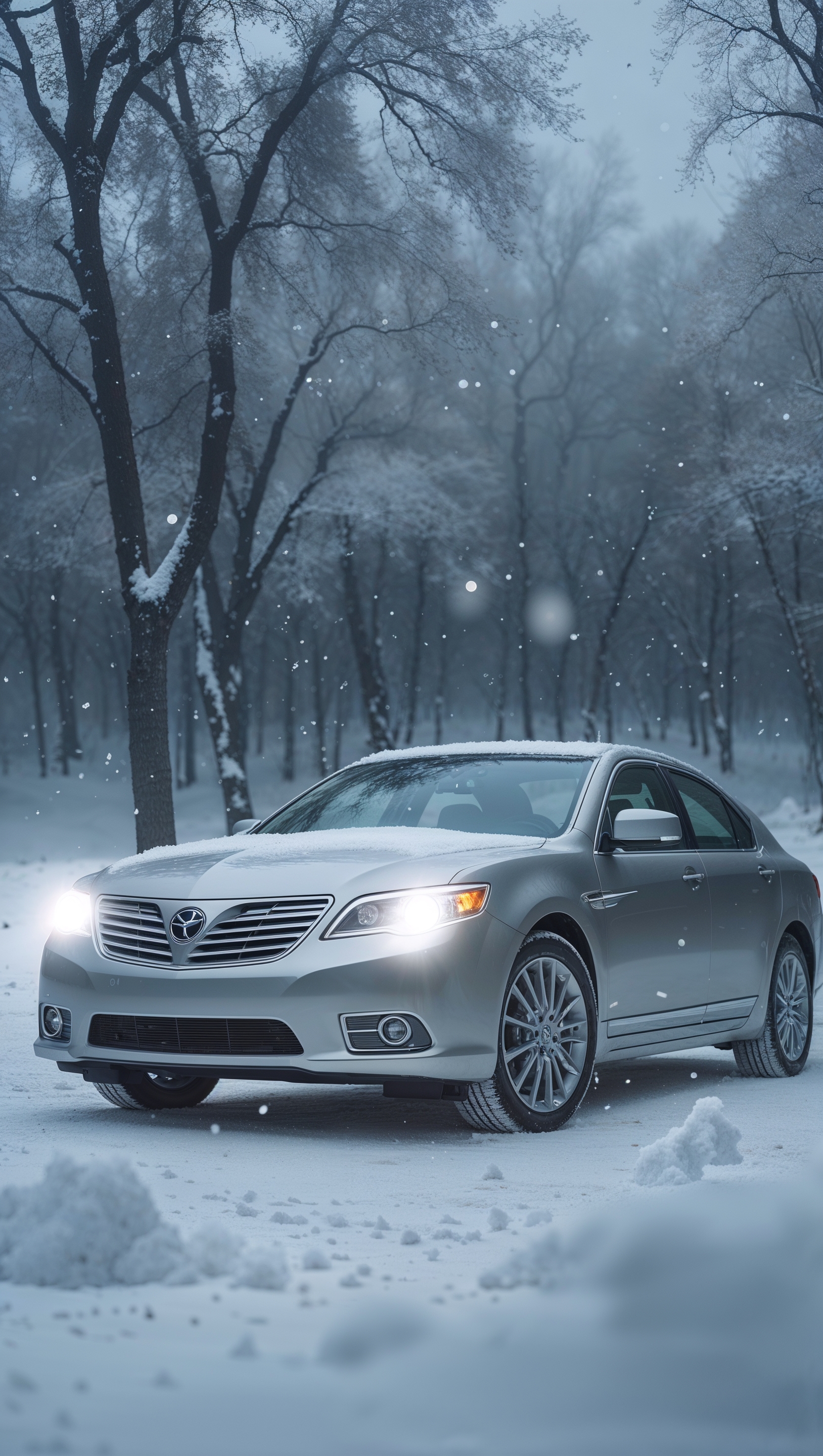 Car in a snowy landscape with headlights on