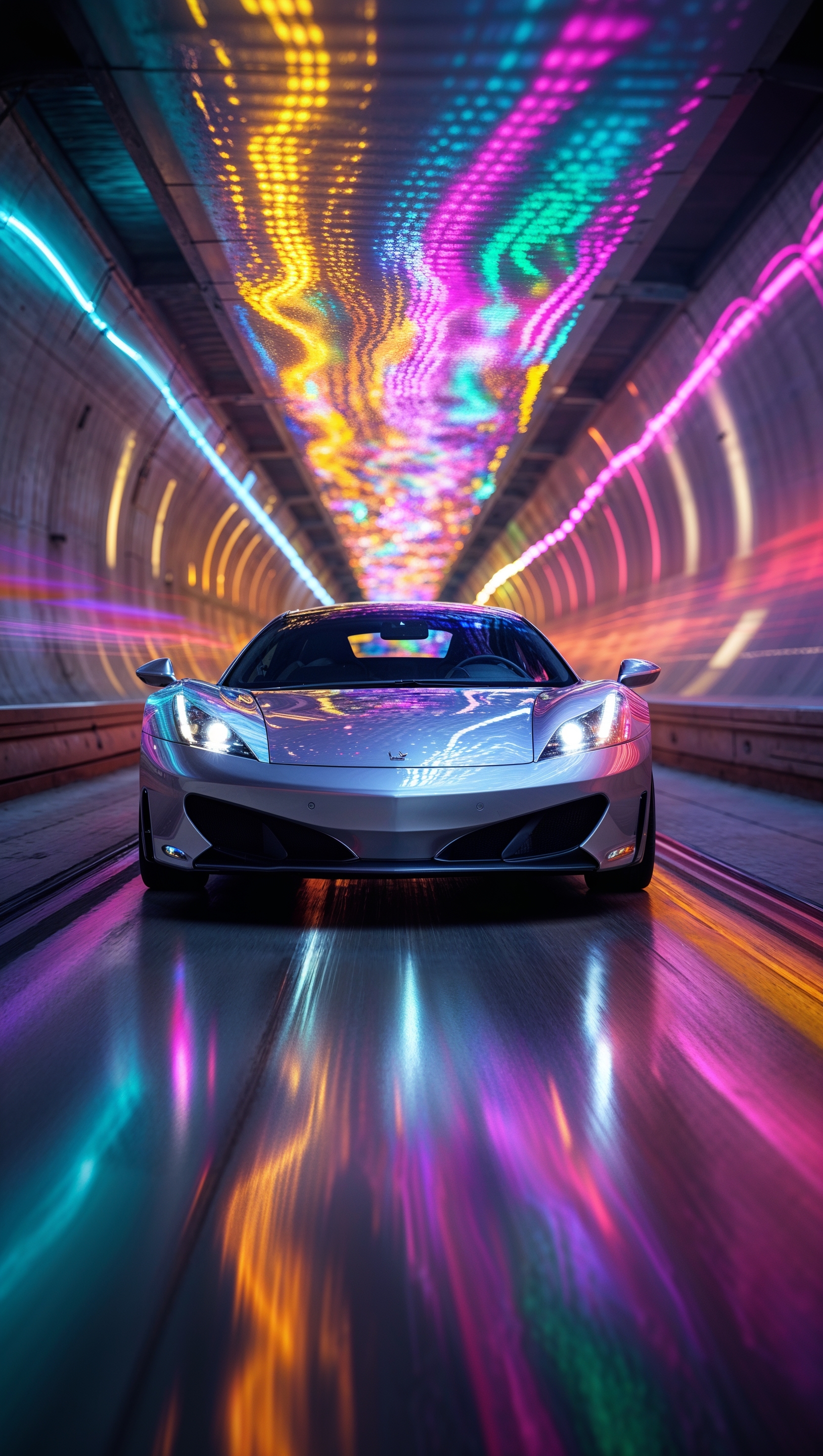 Car passing through a tunnel with moving colorful lights