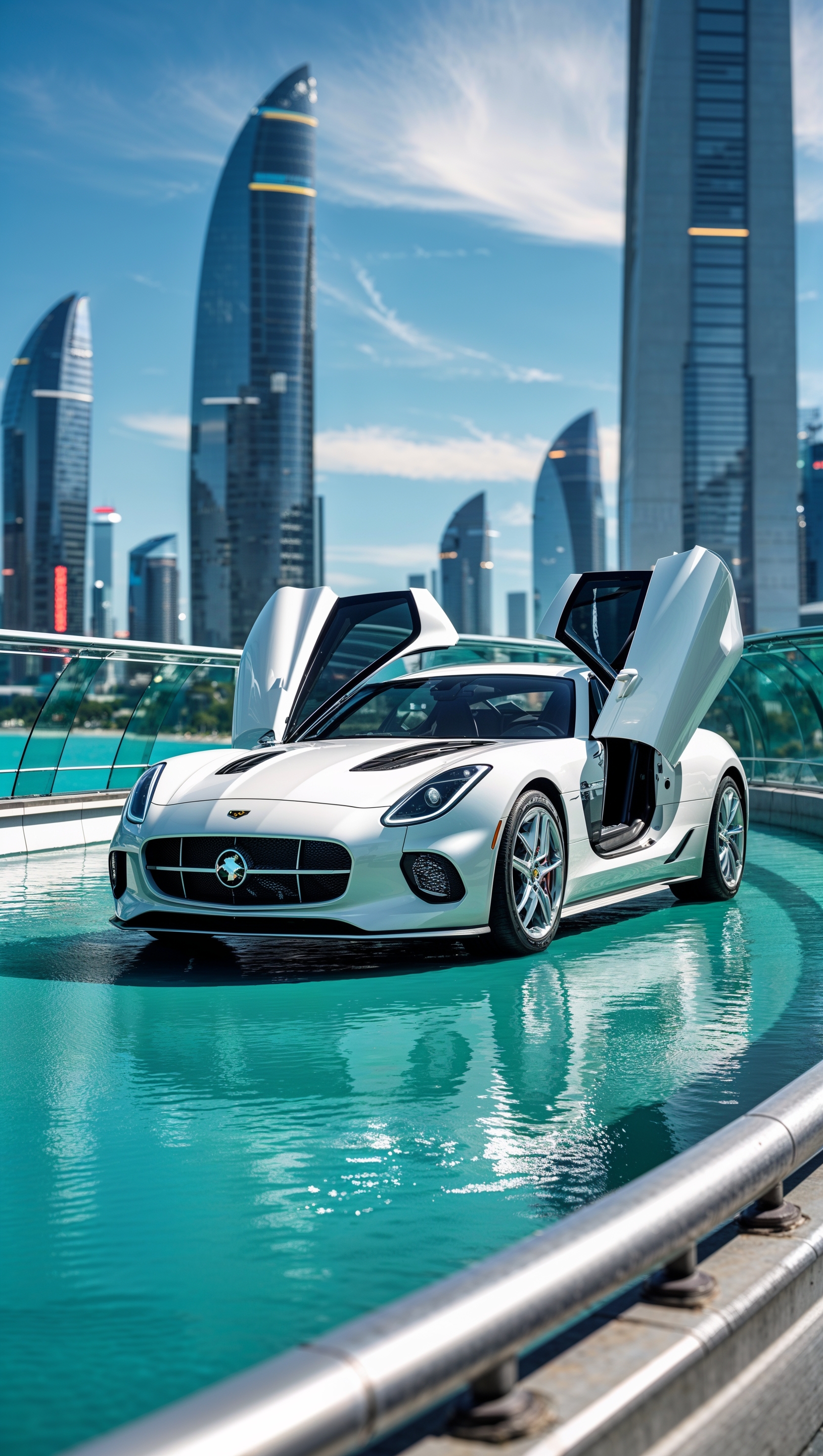 White sports car on a modern glass bridge