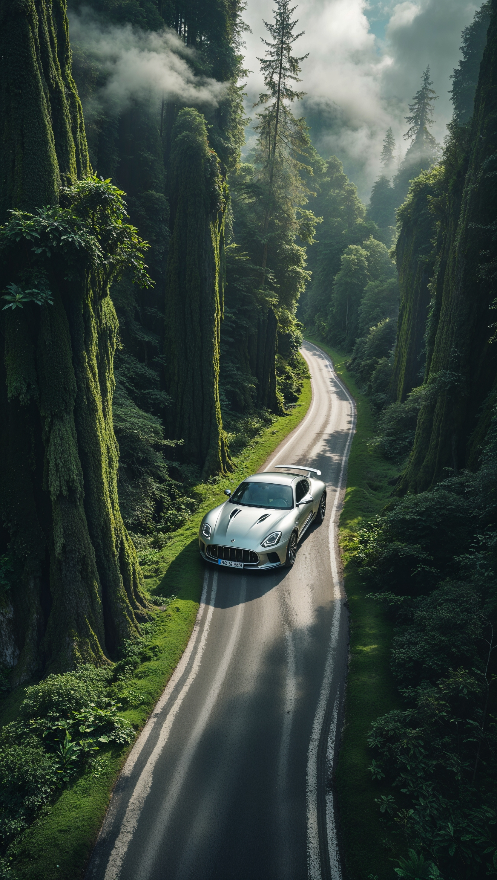 Aerial view of a car on a winding forest road