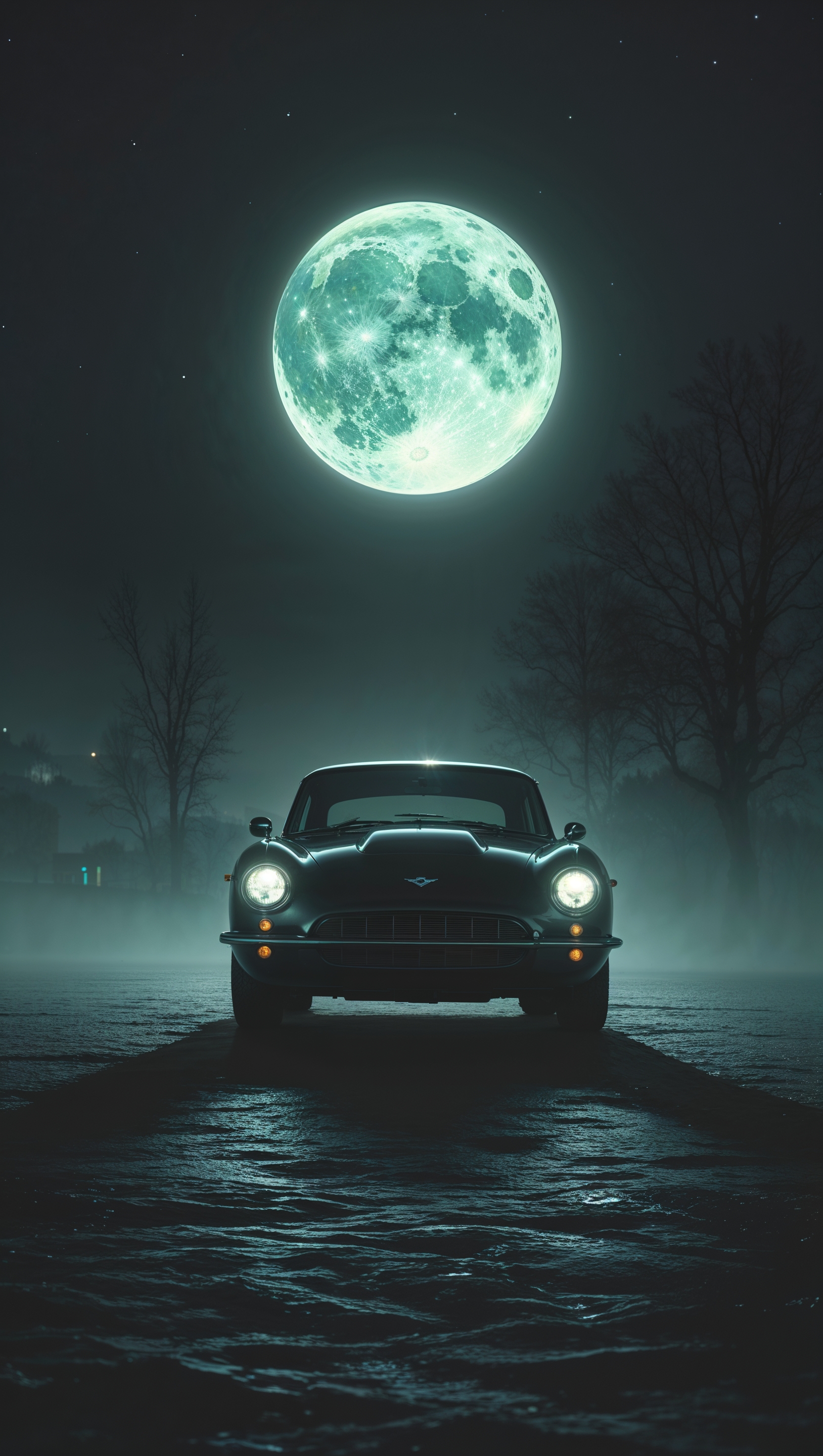 Dark wallpaper with a lone car under moonlight