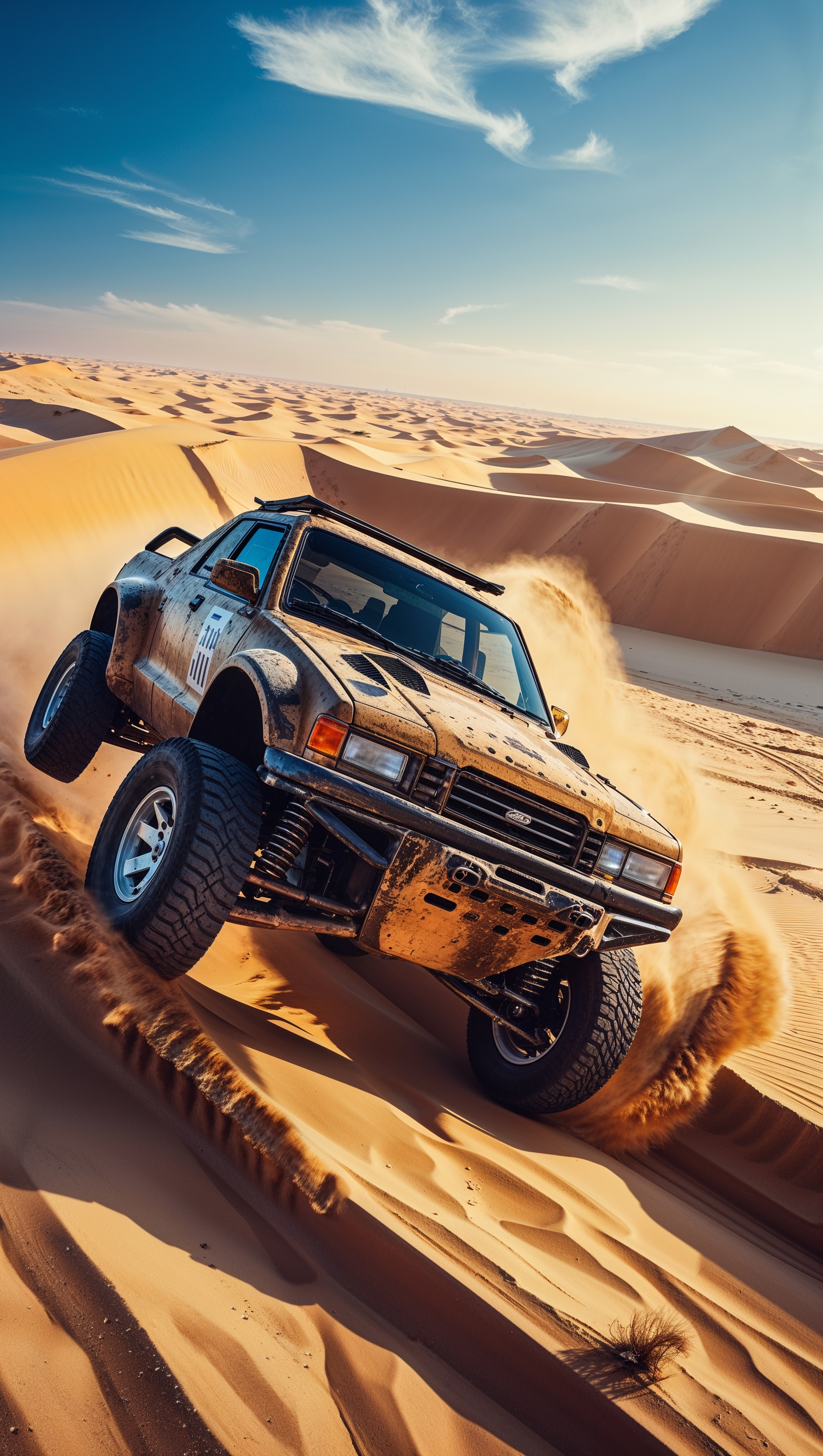 Off-road car jumping over sand dunes