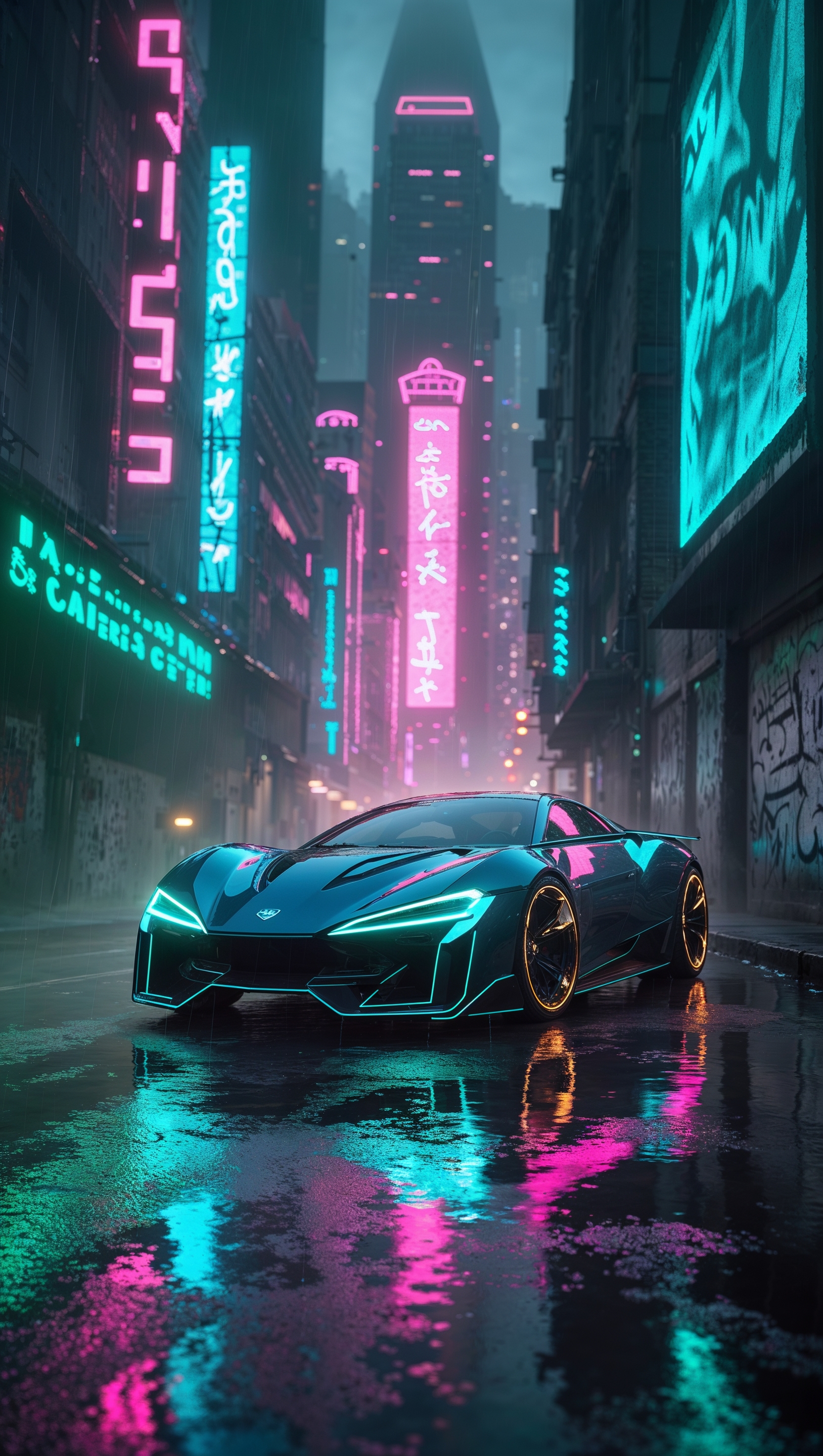 Cyberpunk-style car on neon-lit night streets