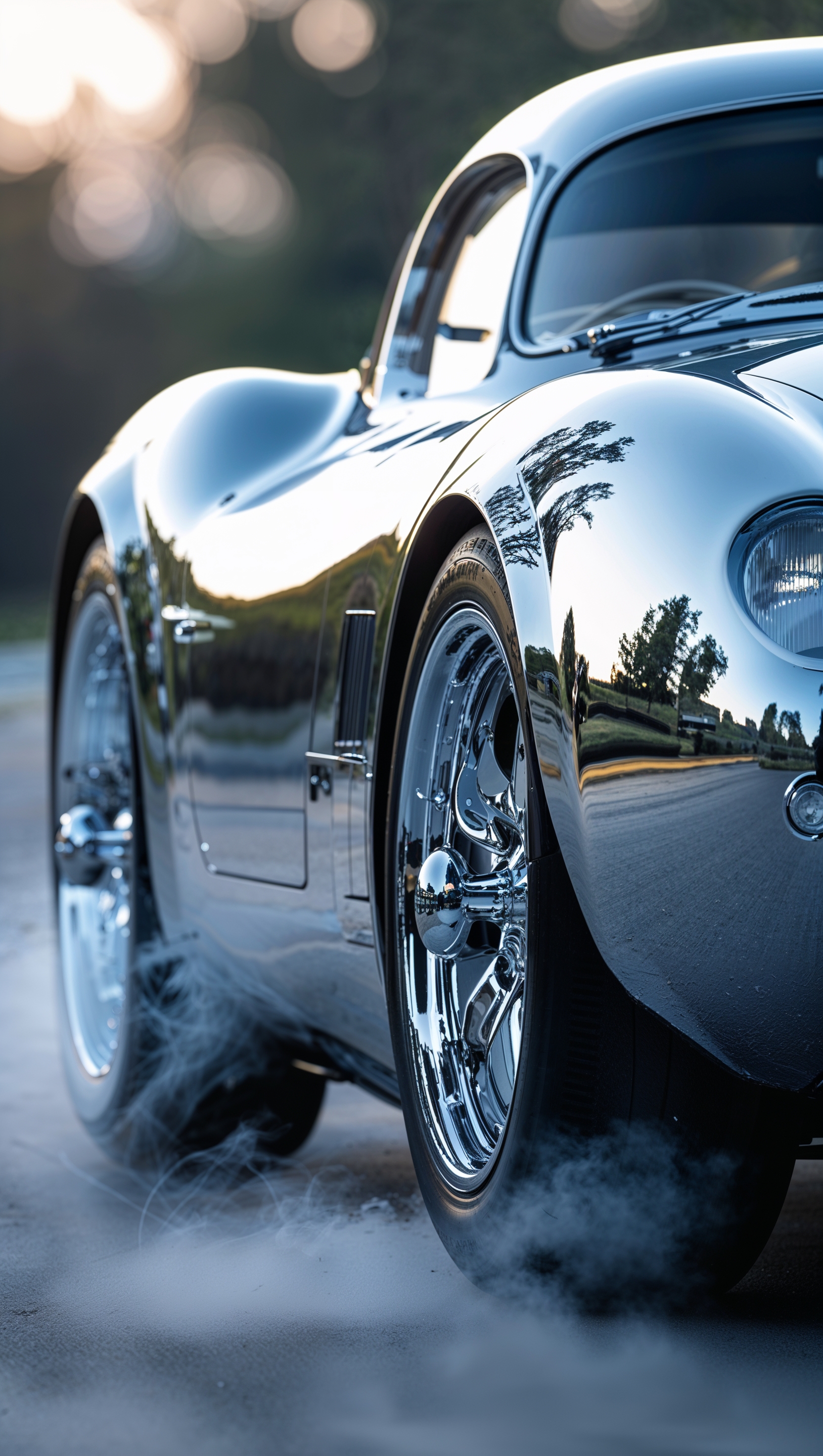 Sports car with a chrome body reflecting light