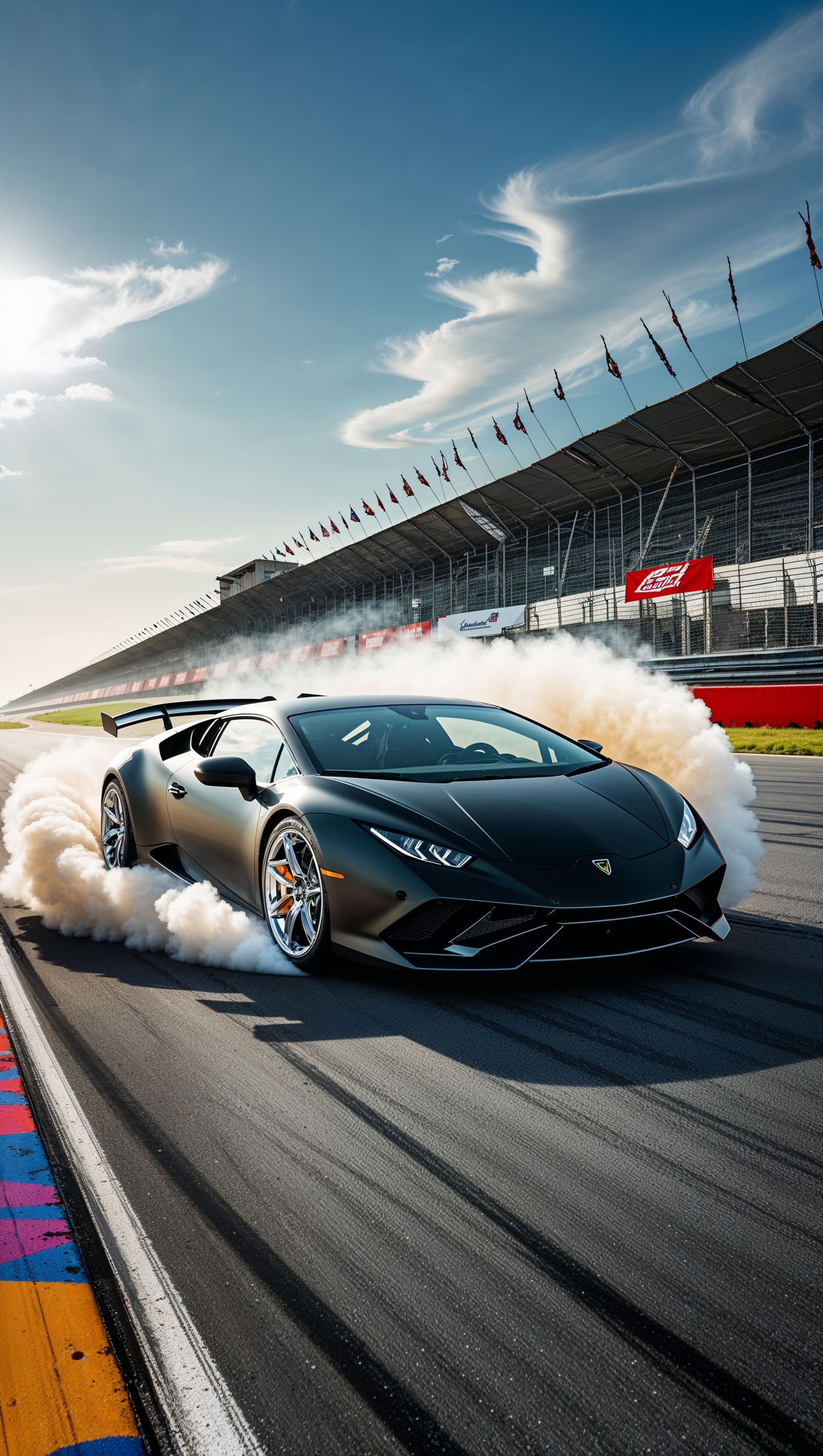 Lamborghini drifting with tire smoke on a race track