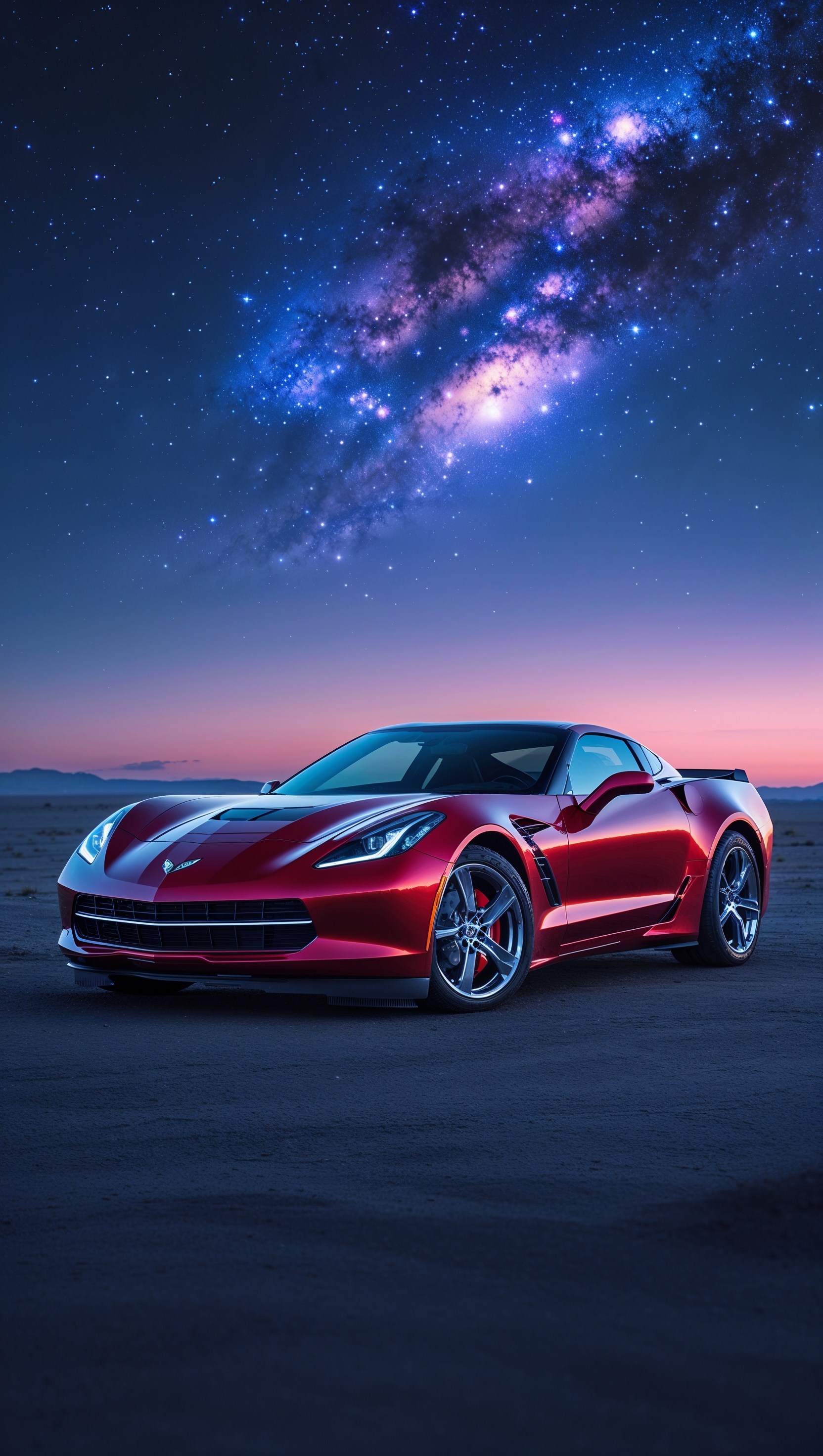 Corvette under the stars, night sky and galaxy background, iPhone wallpaper