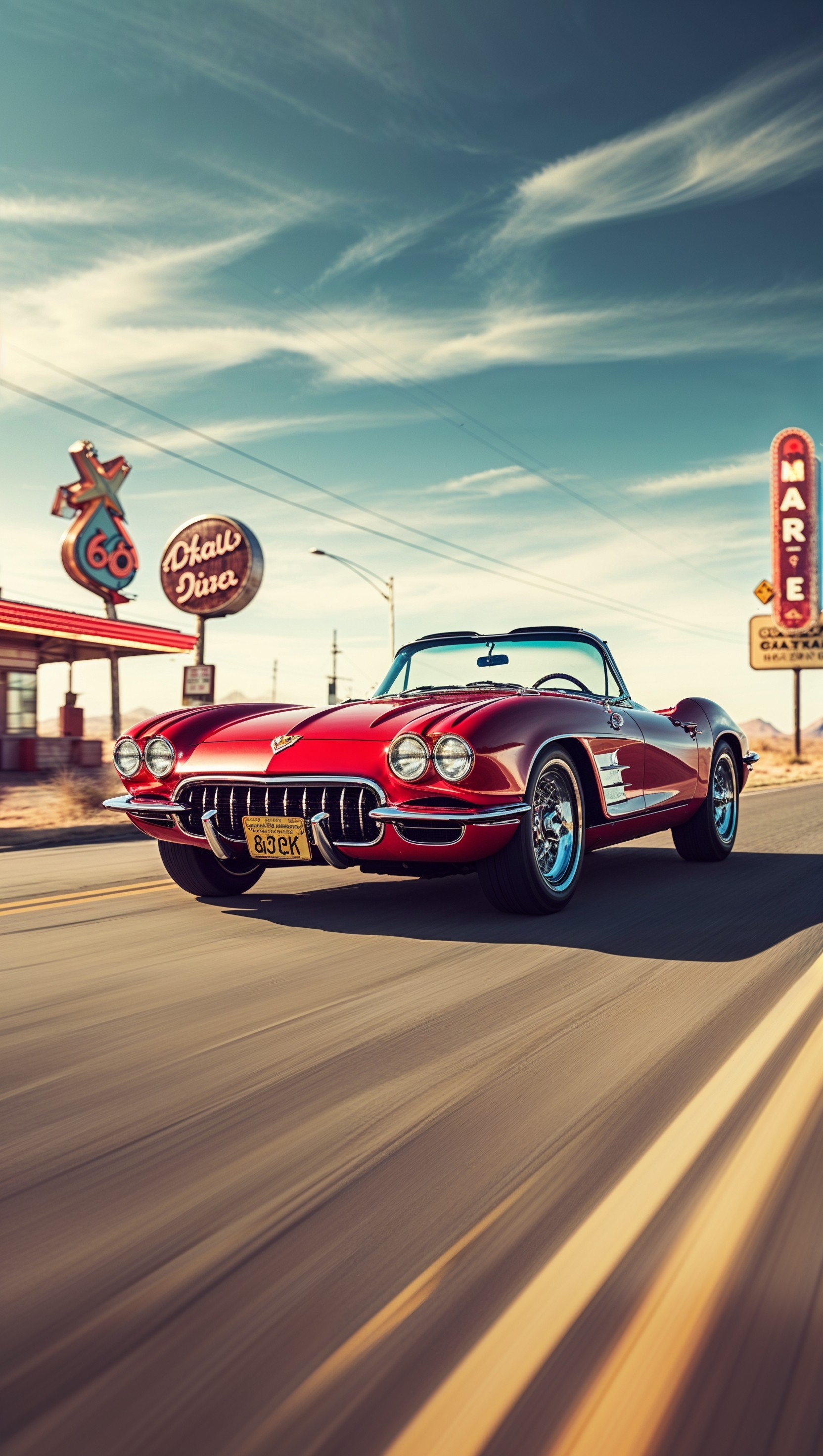 Corvette driving on Route 66, vintage road trip theme, iPhone wallpaper