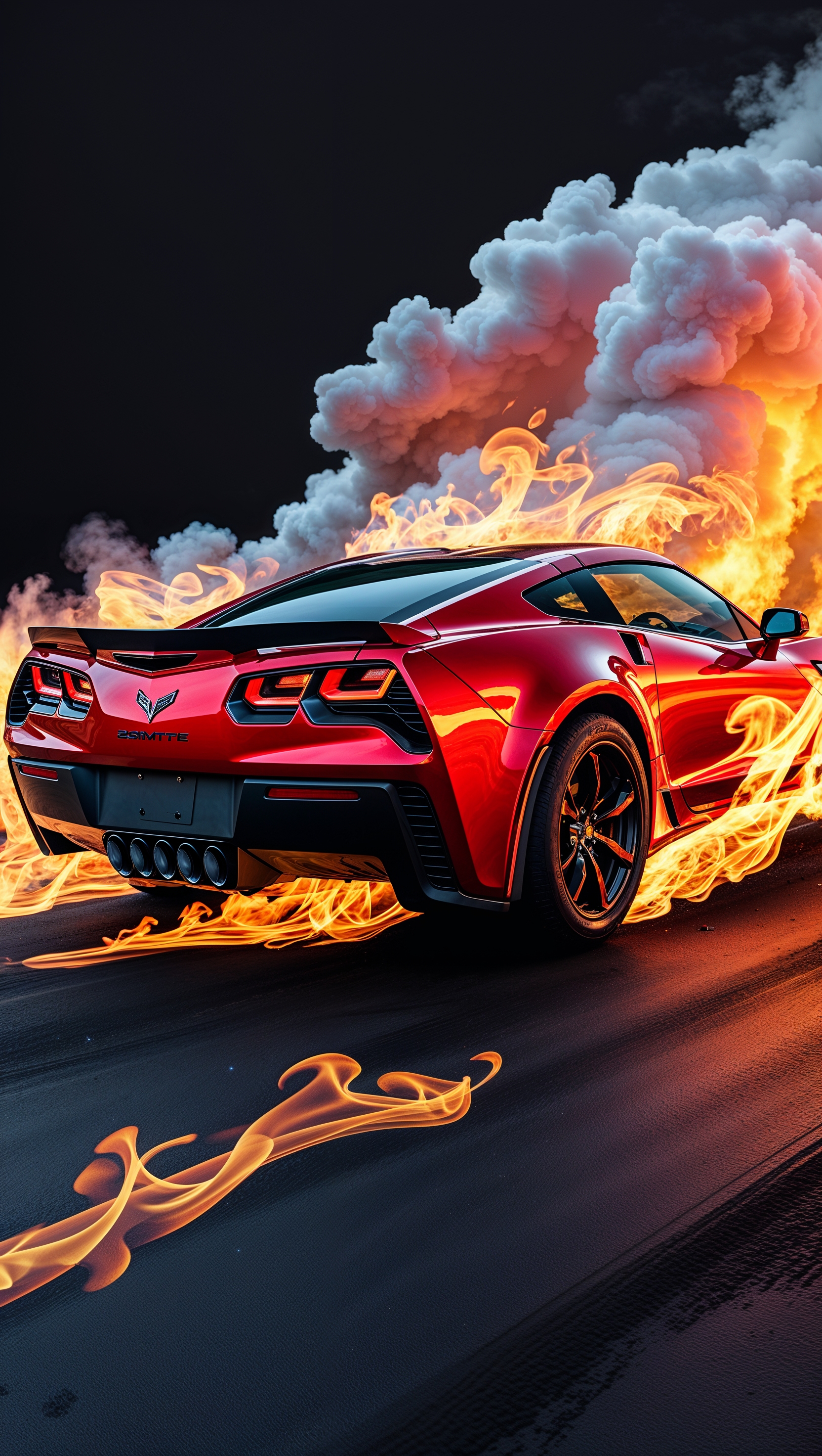 Red Corvette with flames and smoke, aggressive style iPhone wallpaper