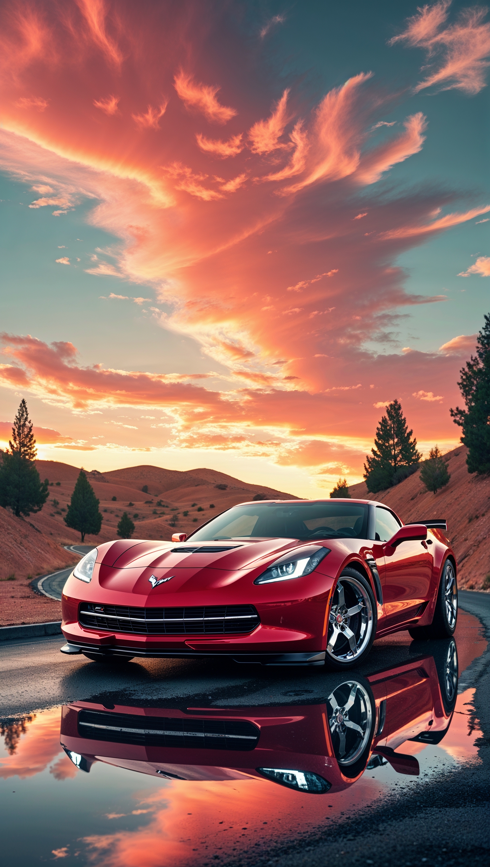 Corvette in golden hour light, artistic sunset wallpaper for iPhone
