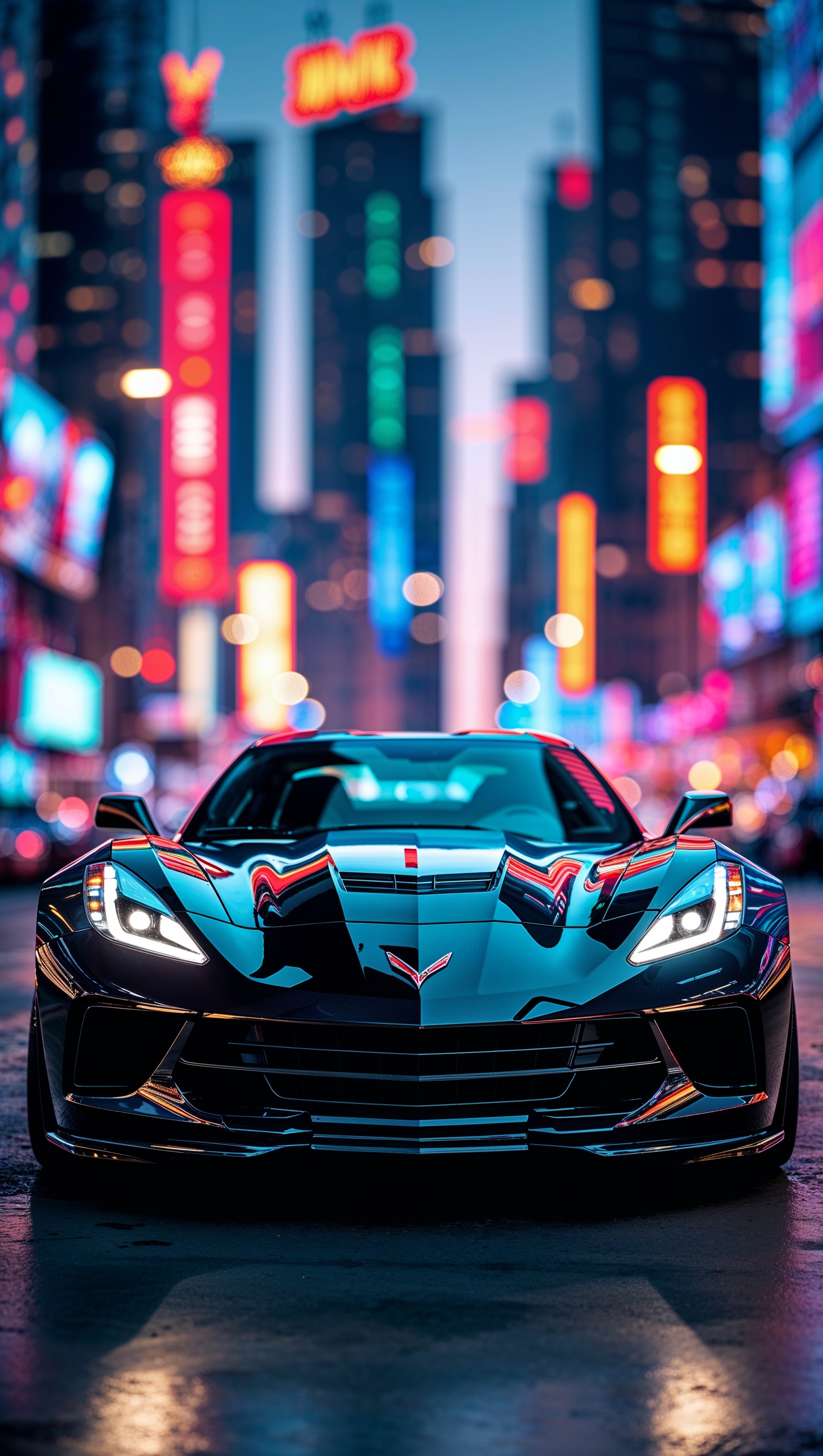 Corvette with chrome details reflecting the city lights, iPhone wallpaper