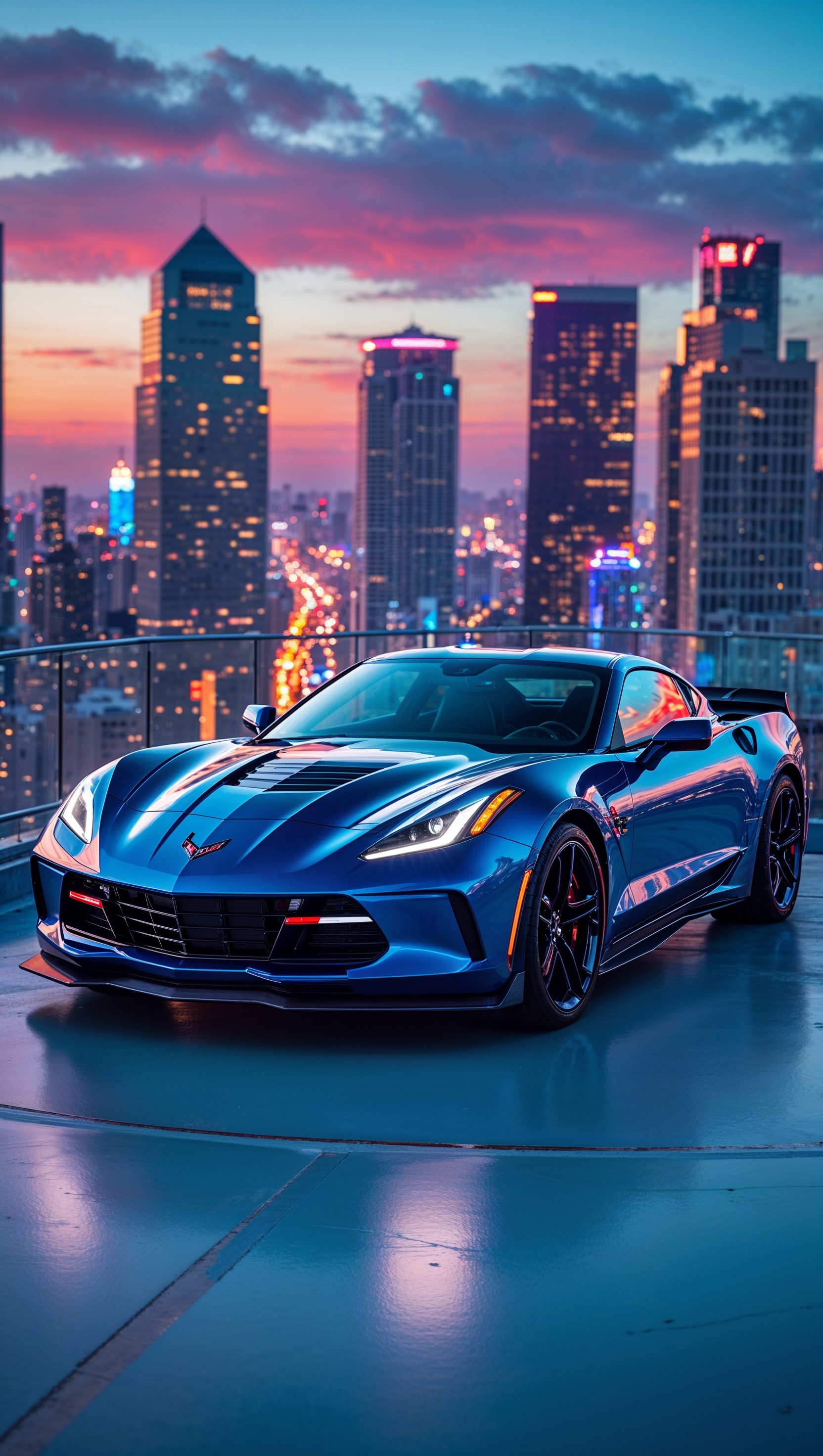 Corvette parked on a rooftop with city skyline in the background, iPhone wallpaper