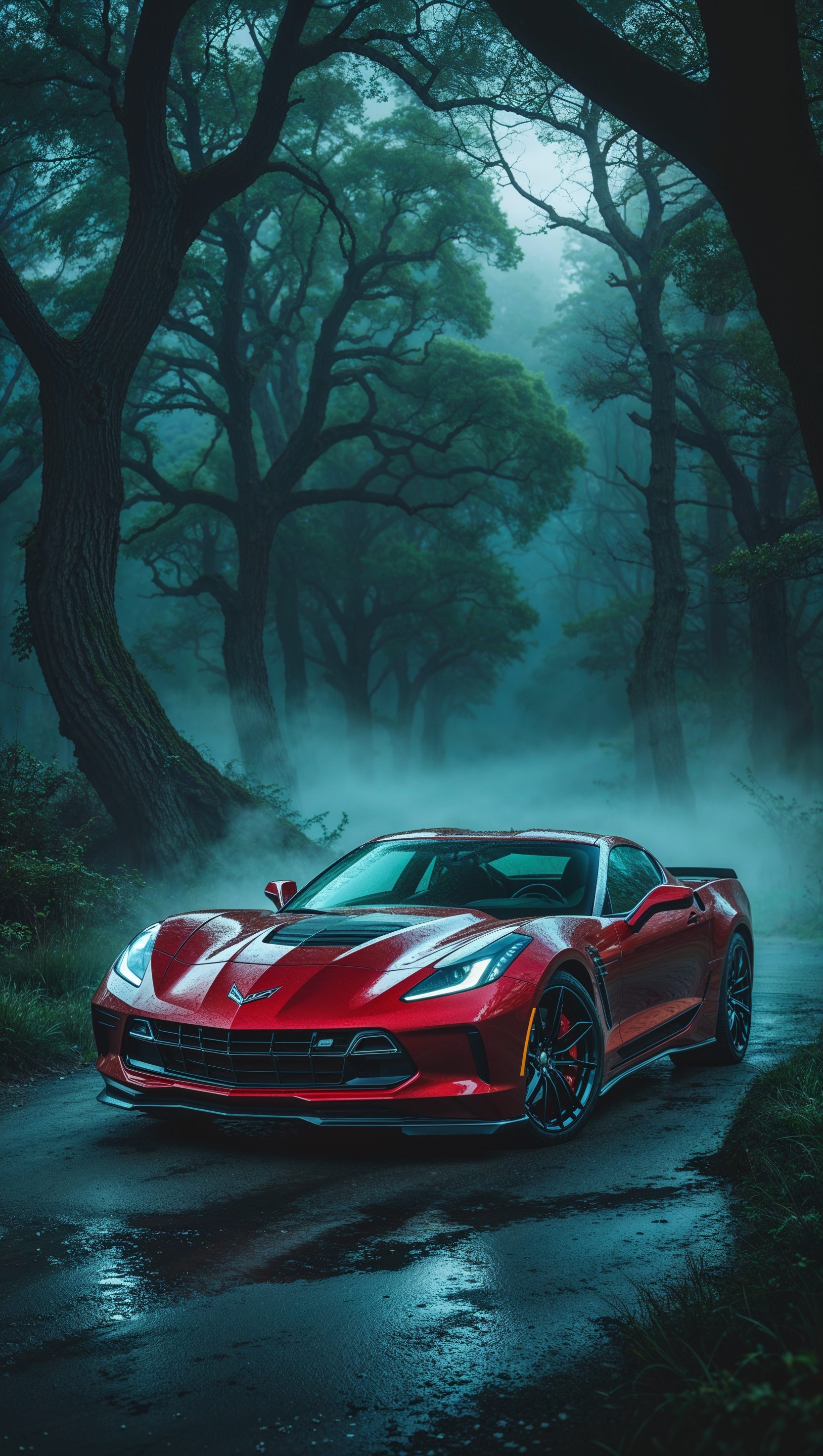 Corvette in a misty forest road at dawn, mysterious mood wallpaper for iPhone