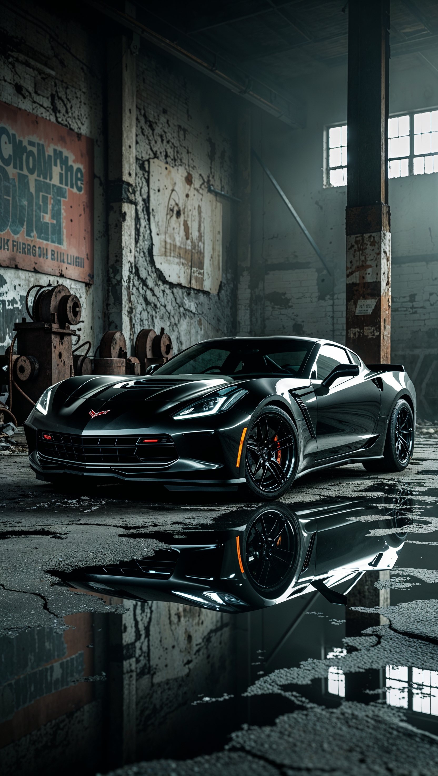 Corvette in an abandoned warehouse, gritty urban wallpaper for iPhone