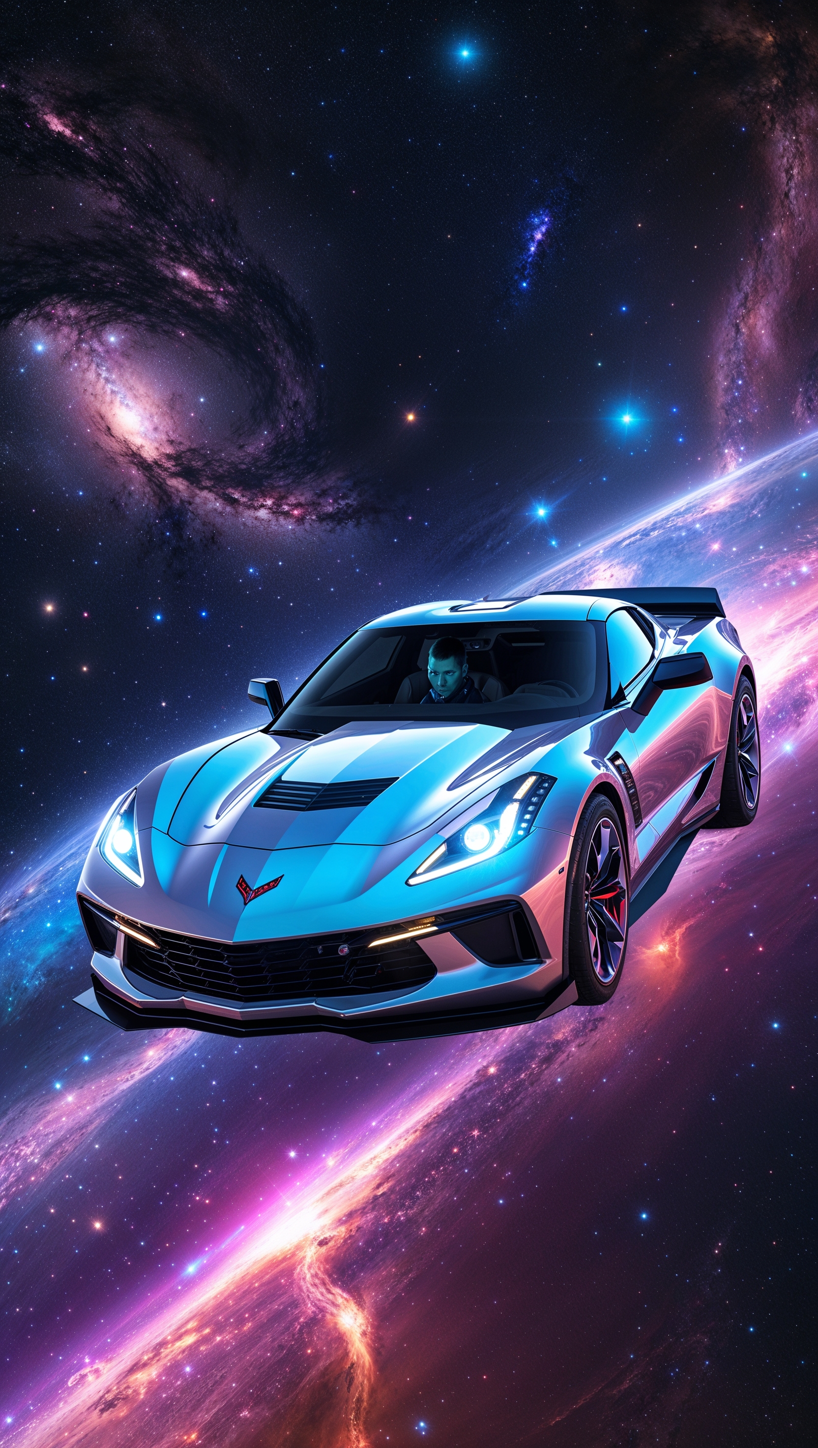Corvette flying through space like a sci-fi car, surreal iPhone wallpaper
