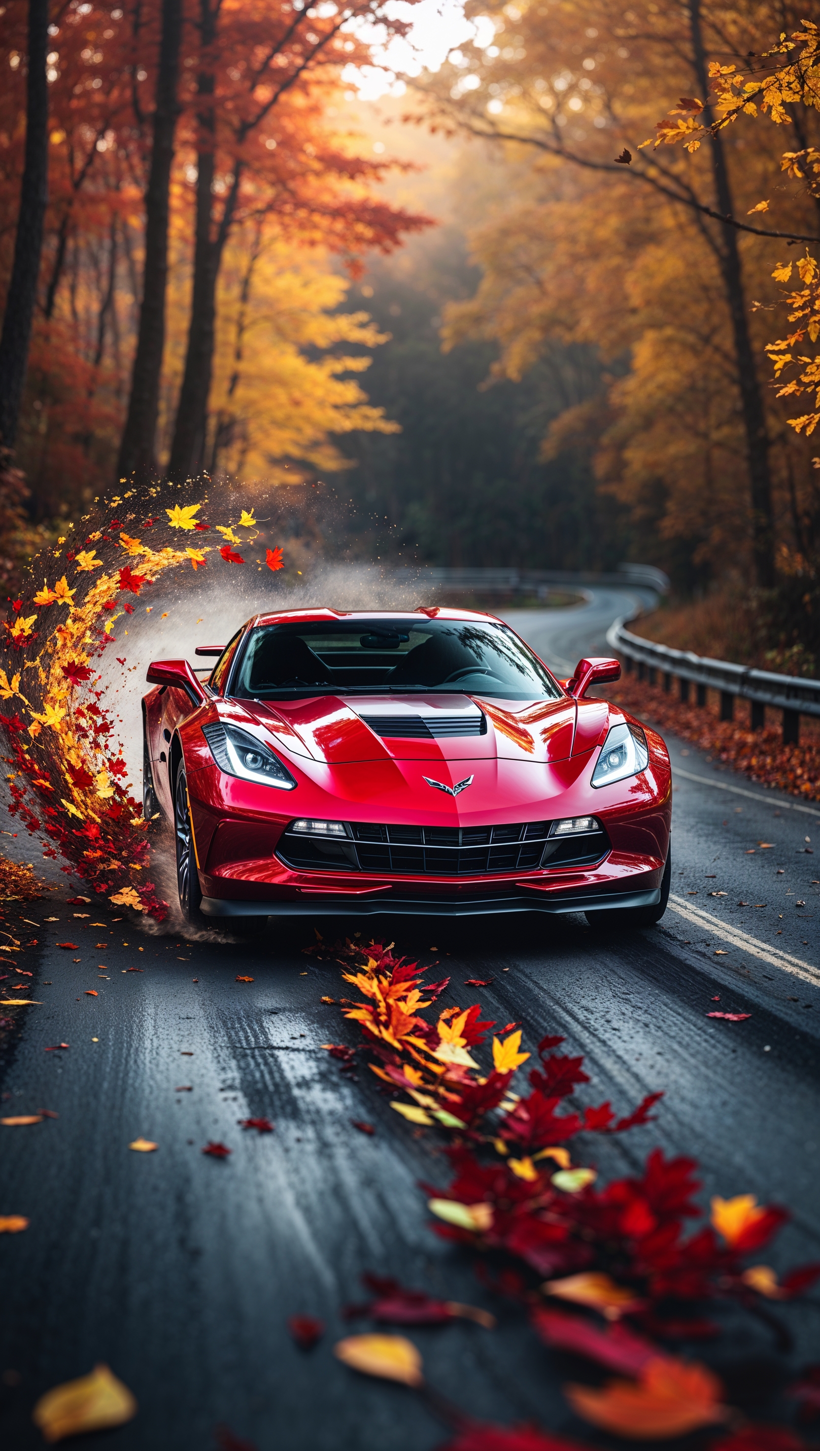 Corvette driving through autumn leaves on a forest road, seasonal iPhone wallpaper