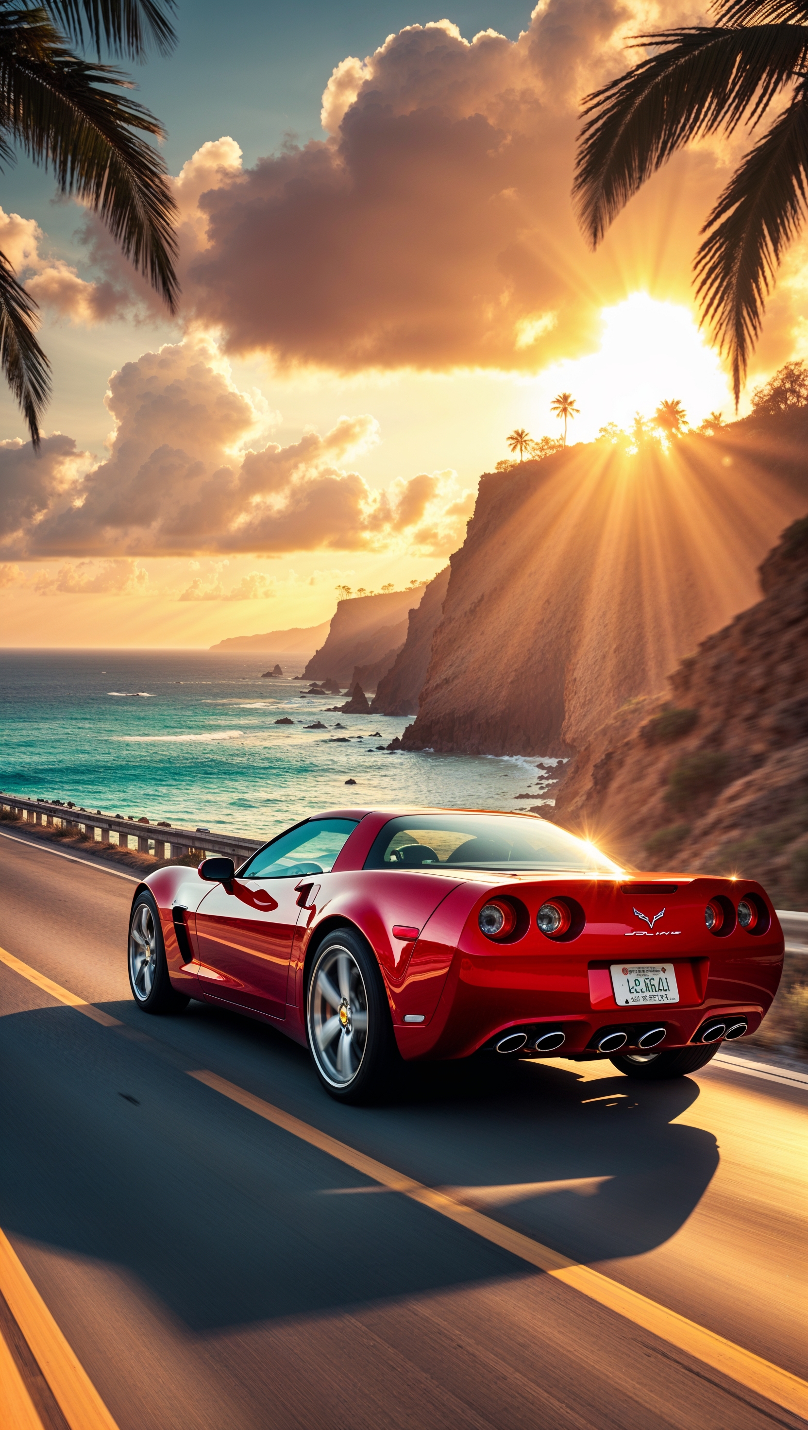 A red Corvette speeding on a coastal highway at sunset, iPhone wallpaper