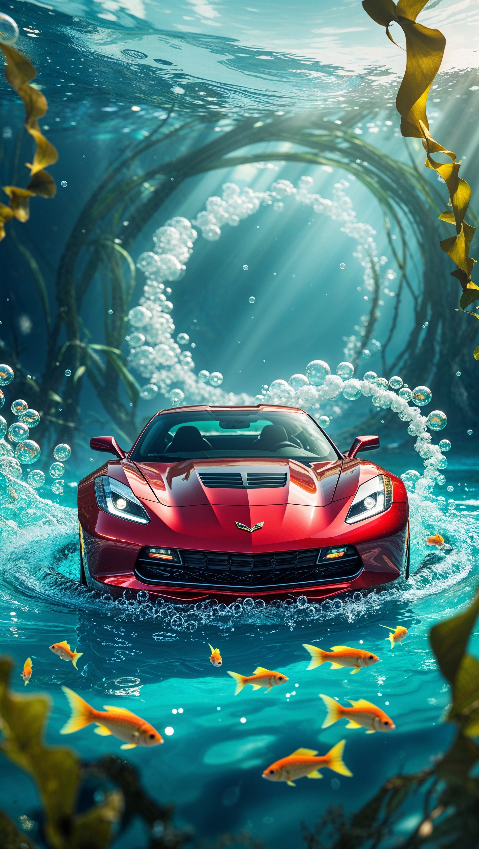 Corvette underwater with bubbles and fish, fantasy theme iPhone wallpaper