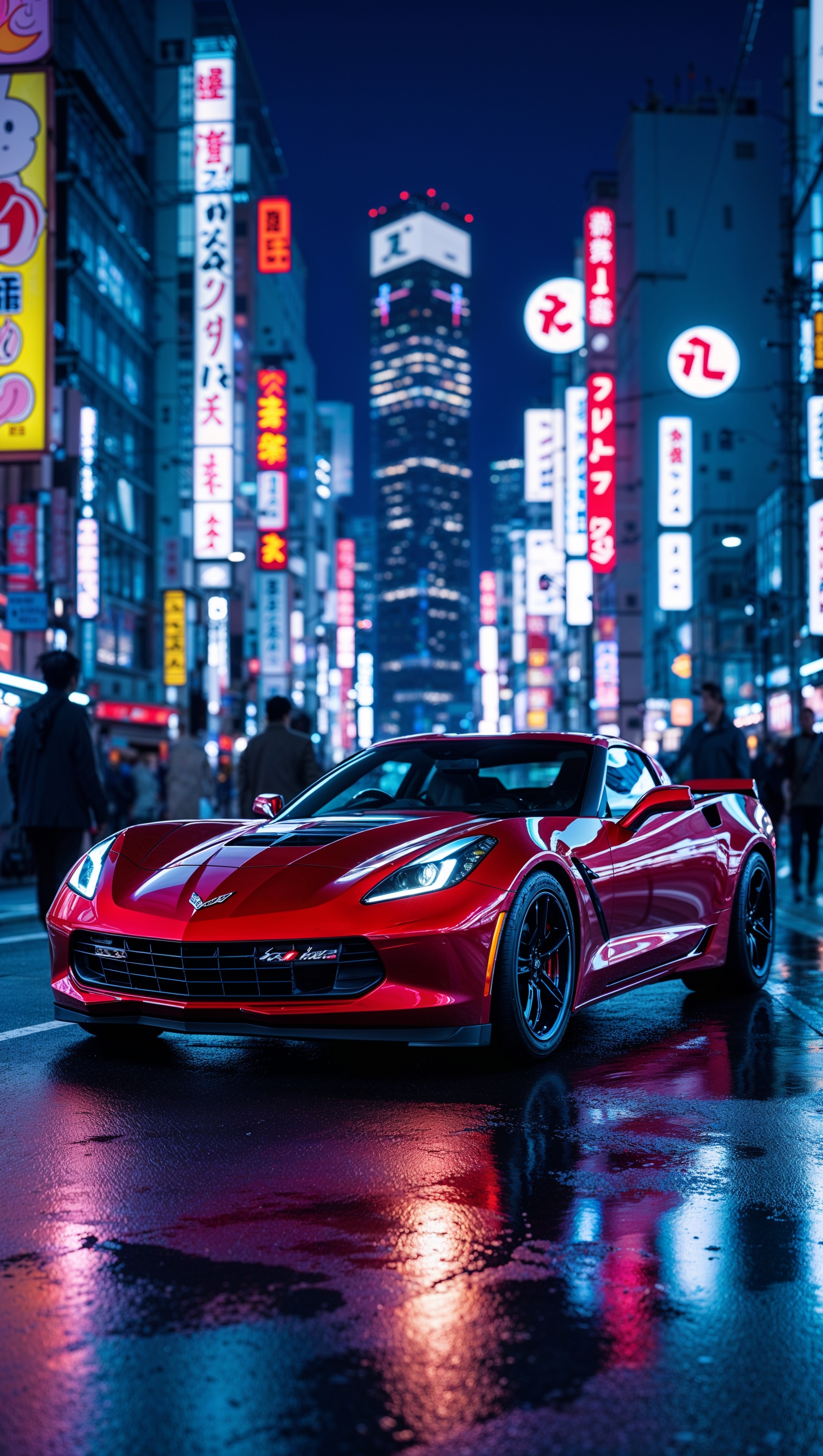 Corvette cruising in Tokyo streets at night, Japan urban iPhone wallpaper
