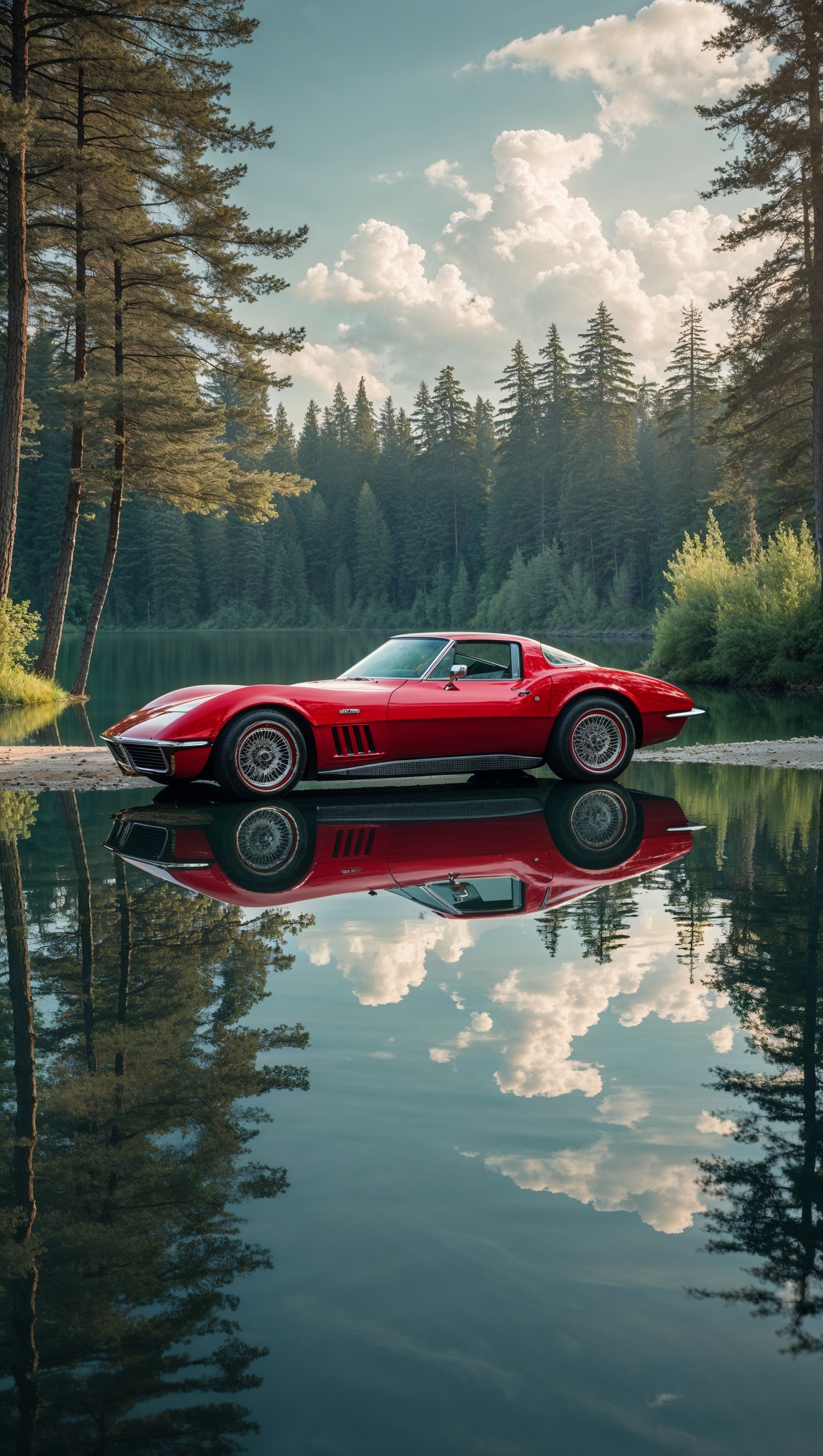 Corvette with a reflection on a calm lake, peaceful nature iPhone wallpaper