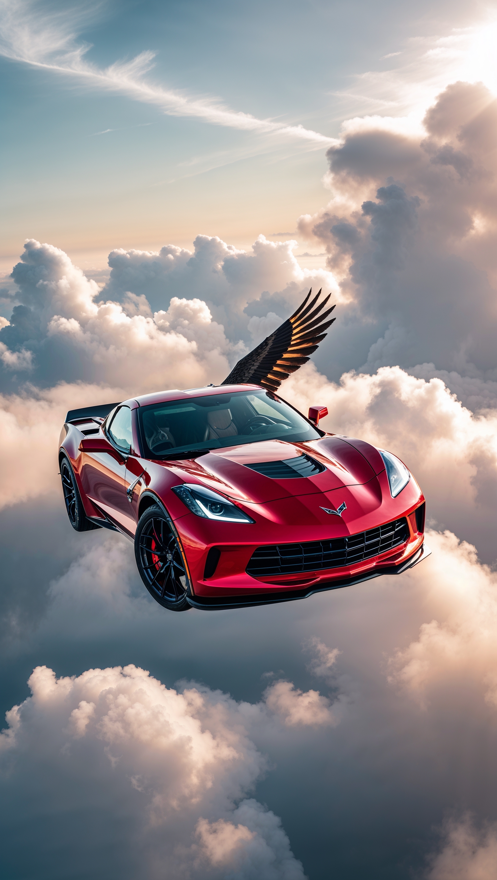 Corvette with wings flying above the clouds, fantasy dream iPhone wallpaper