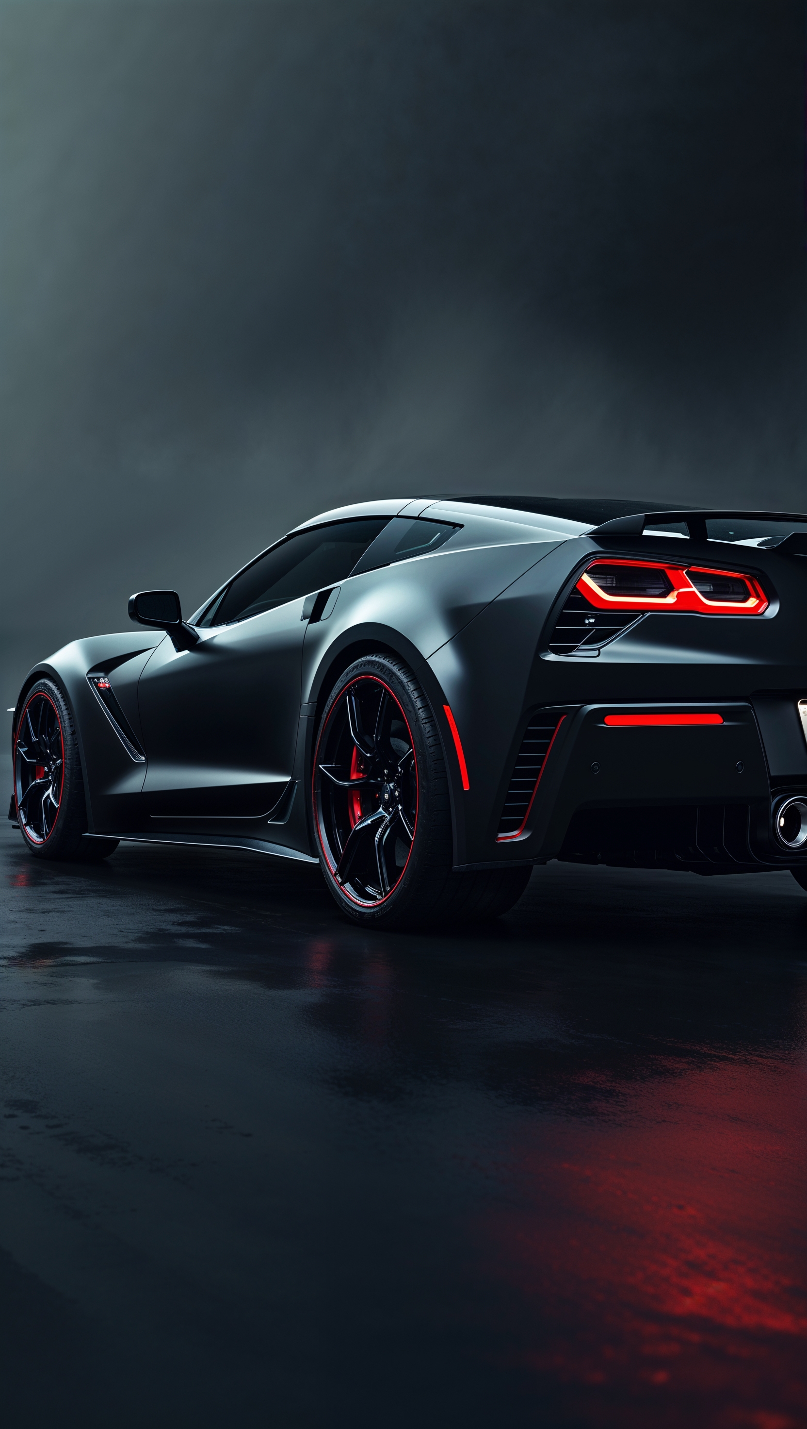 Matte black Corvette with red accents in low light, moody iPhone wallpaper