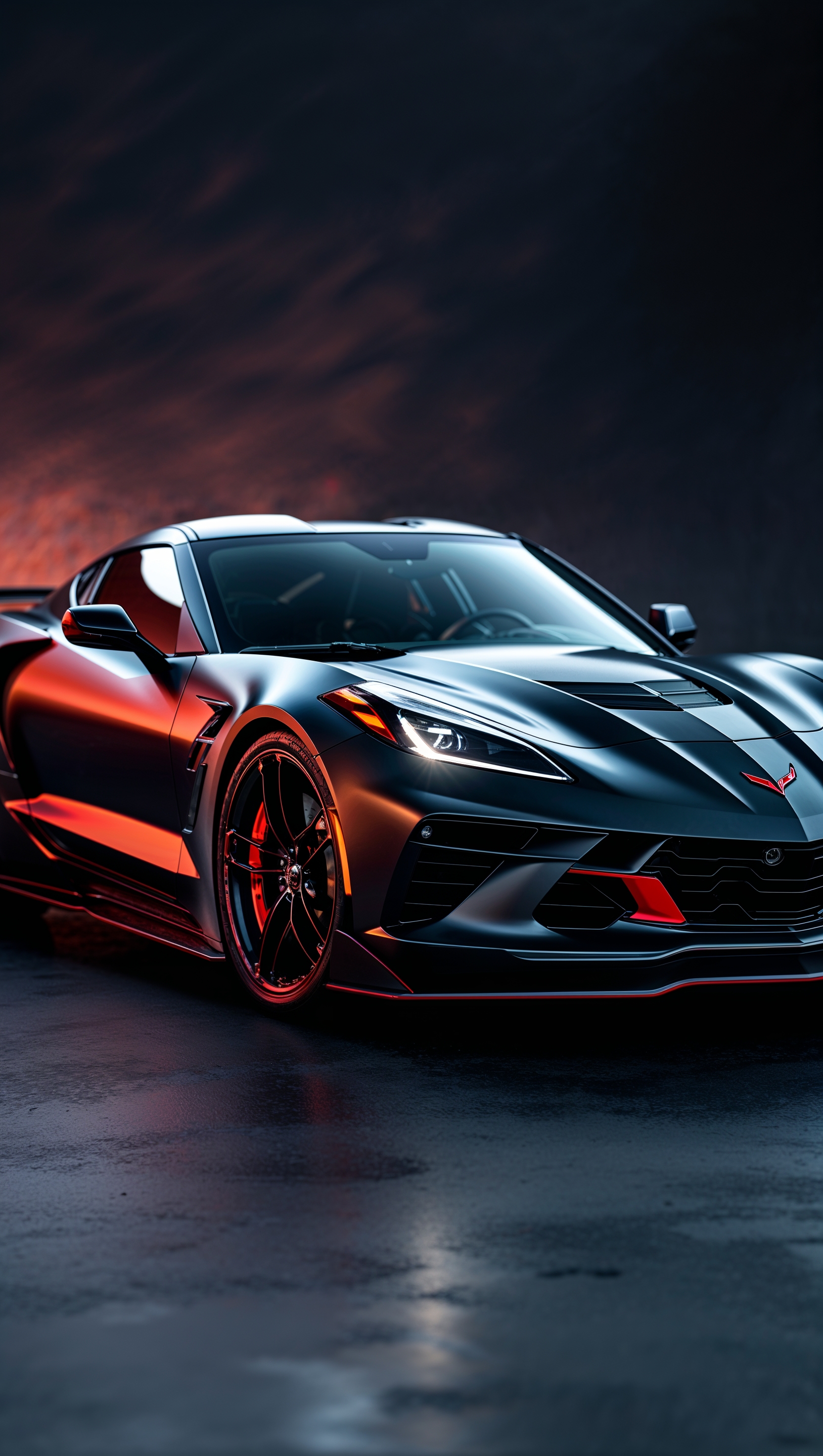 Corvette in a tropical beach scene, sunset and palm trees, summer iPhone wallpaper