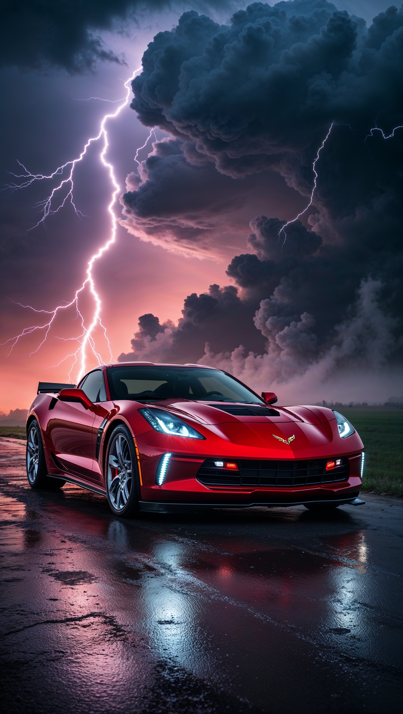 Corvette with thunder and lightning in the background, dramatic iPhone wallpaper