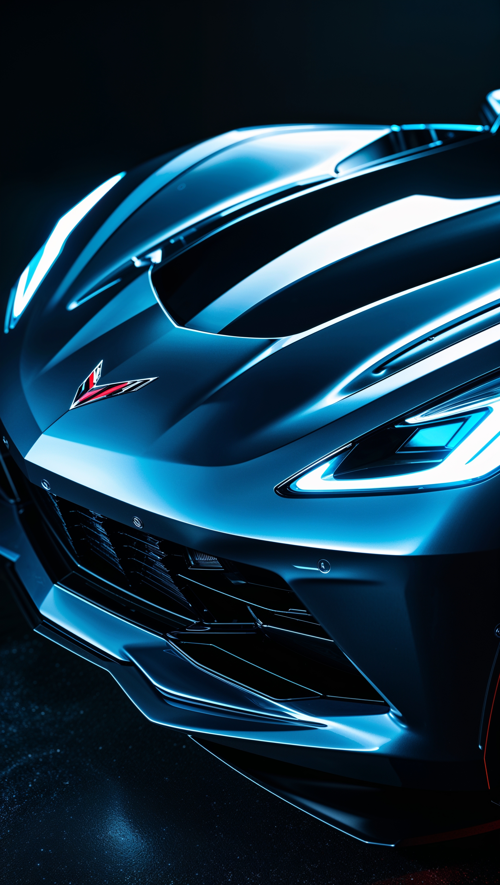 Corvette on a wet tarmac with storm clouds above, cinematic drama wallpaper