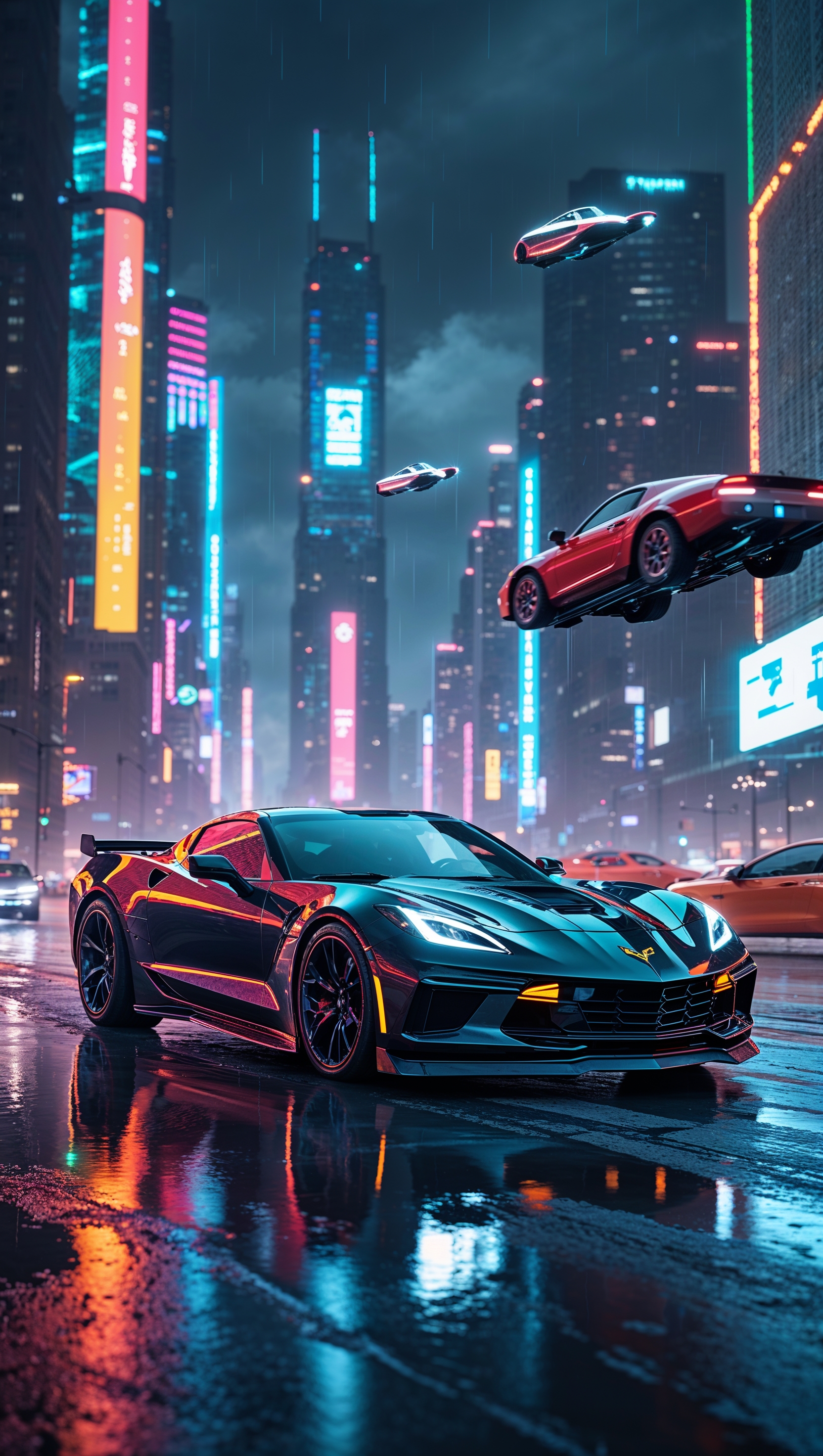 Corvette in a cyberpunk world, glowing streets and futuristic lights, iPhone wallpaper