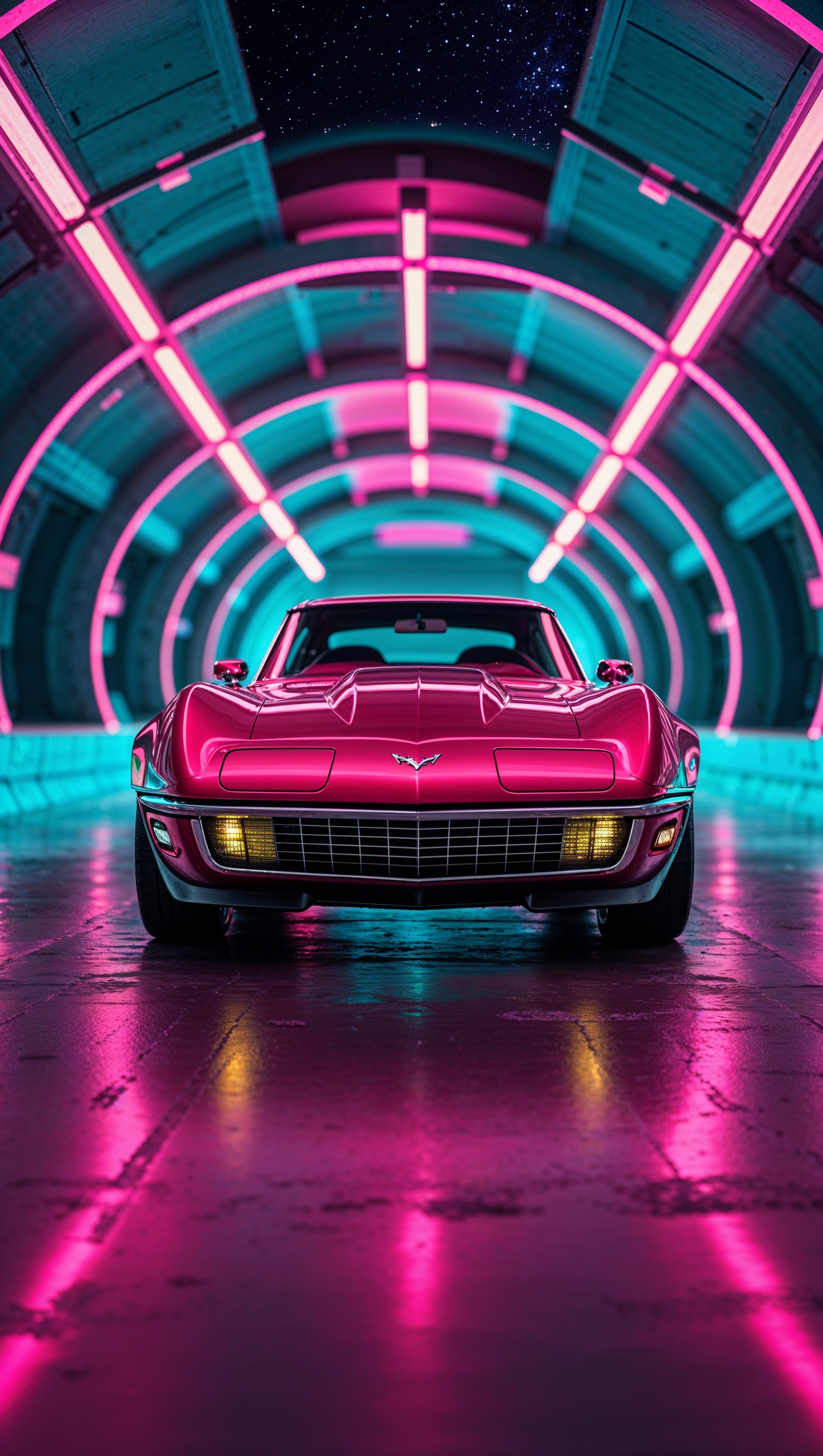 Corvette in a neon tunnel, retro-futuristic iPhone wallpaper