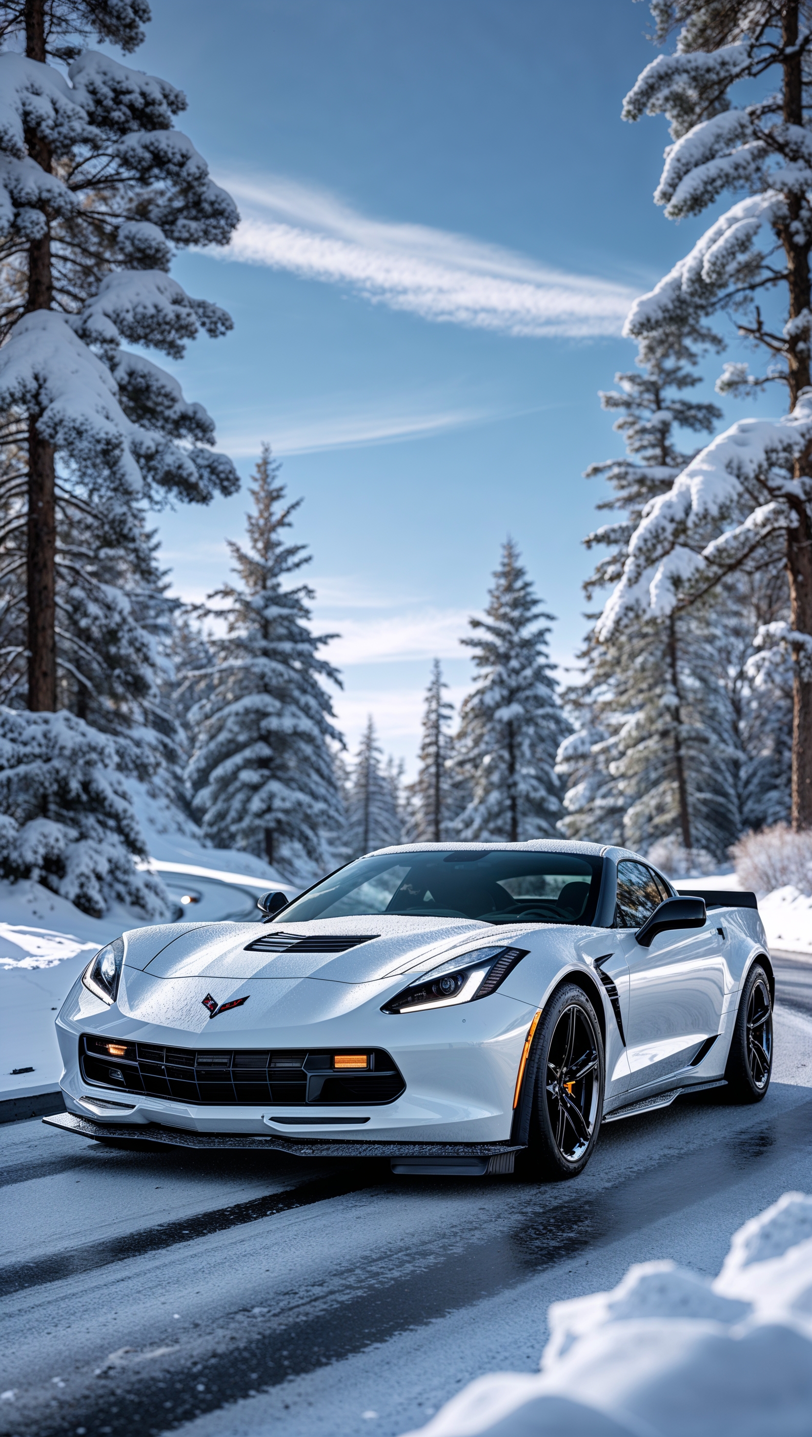 White Corvette in the snow with pine trees, winter iPhone wallpaper