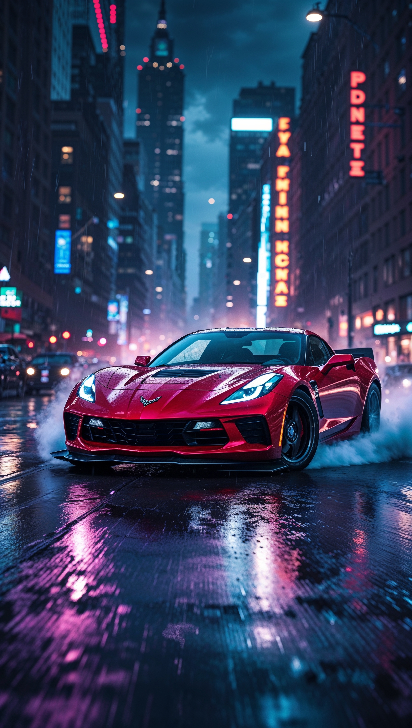 Corvette drifting on a wet city street at night, rain reflections, iPhone wallpaper