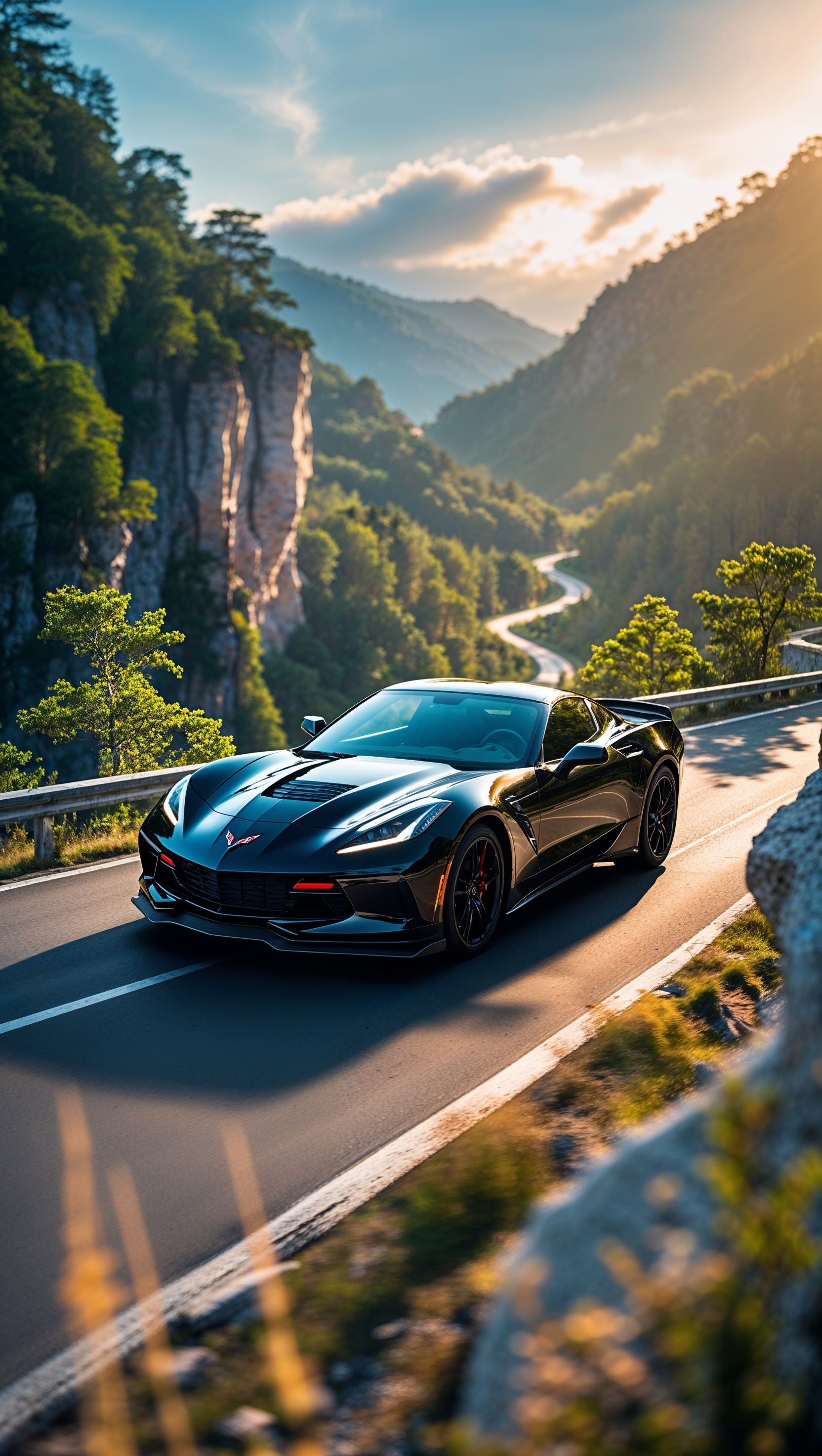 Aerial view of a Corvette on a winding mountain road, iPhone wallpaper