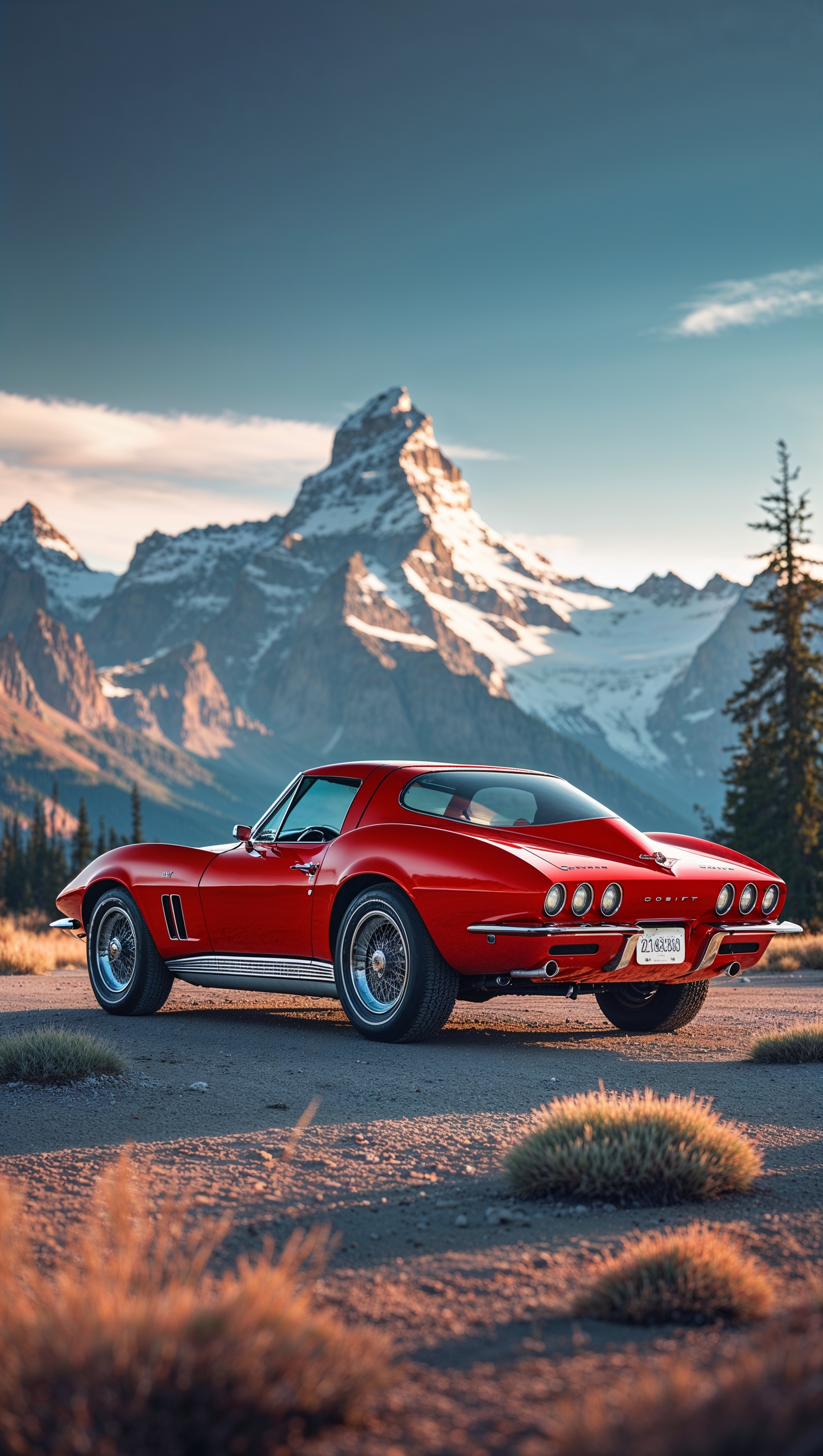 Classic 1967 Corvette Stingray with a mountain backdrop, iPhone wallpaper
