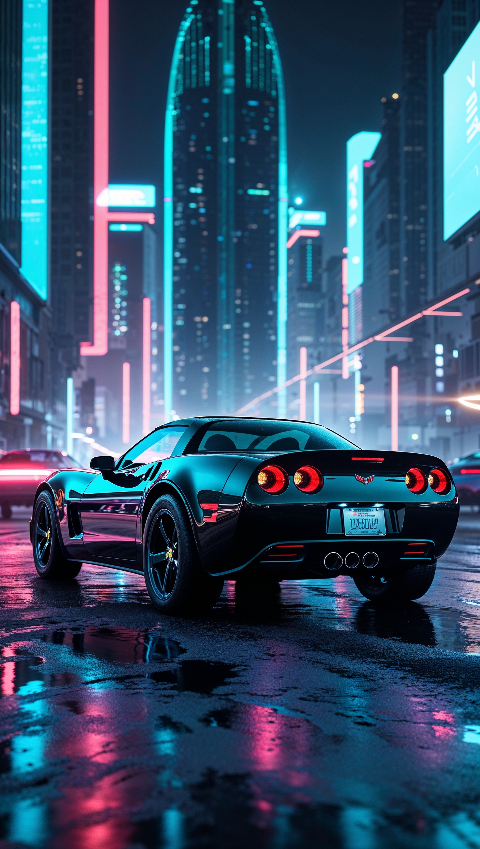 A black Corvette parked under neon lights in a futuristic city, iPhone wallpaper