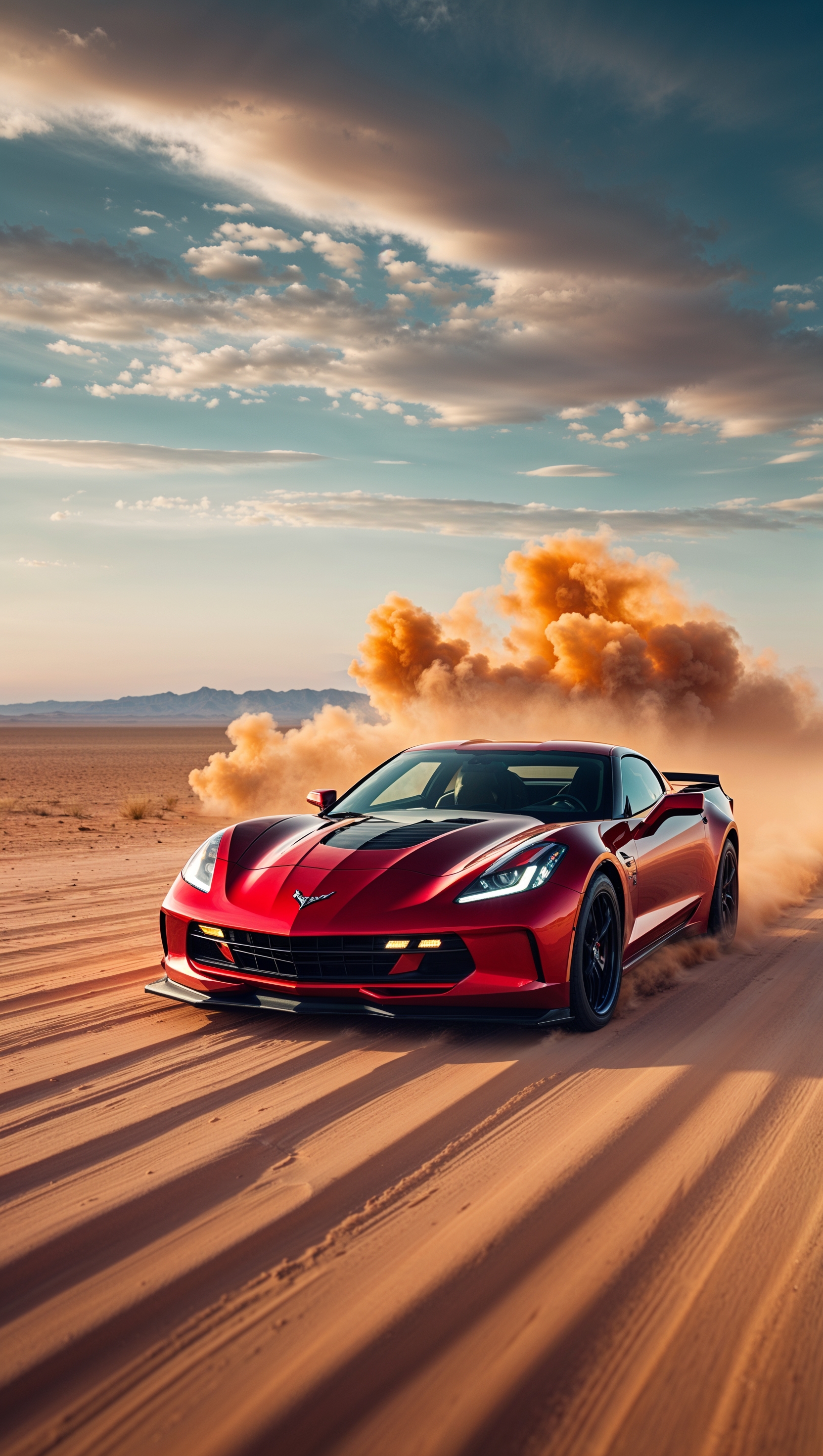 Corvette racing through the desert with dust clouds, cinematic iPhone wallpaper
