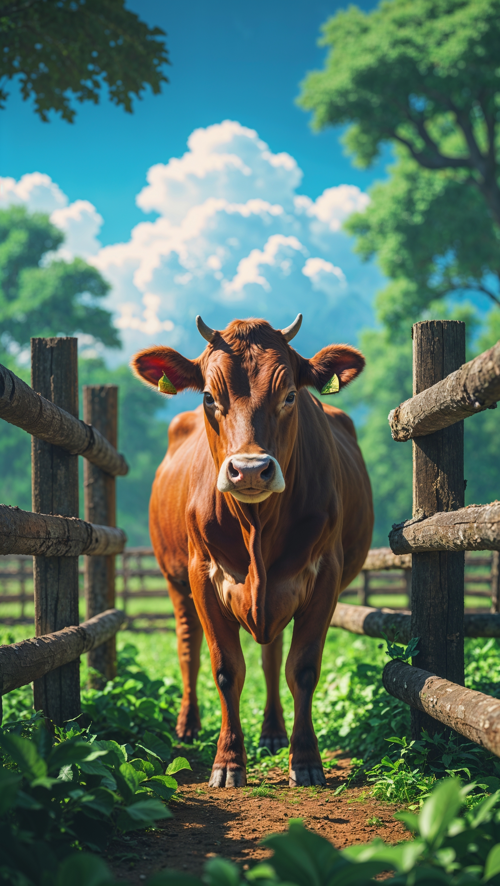 An artistic image of a cow in a farm with a blue sky and white clouds for an iPhone wallpaper