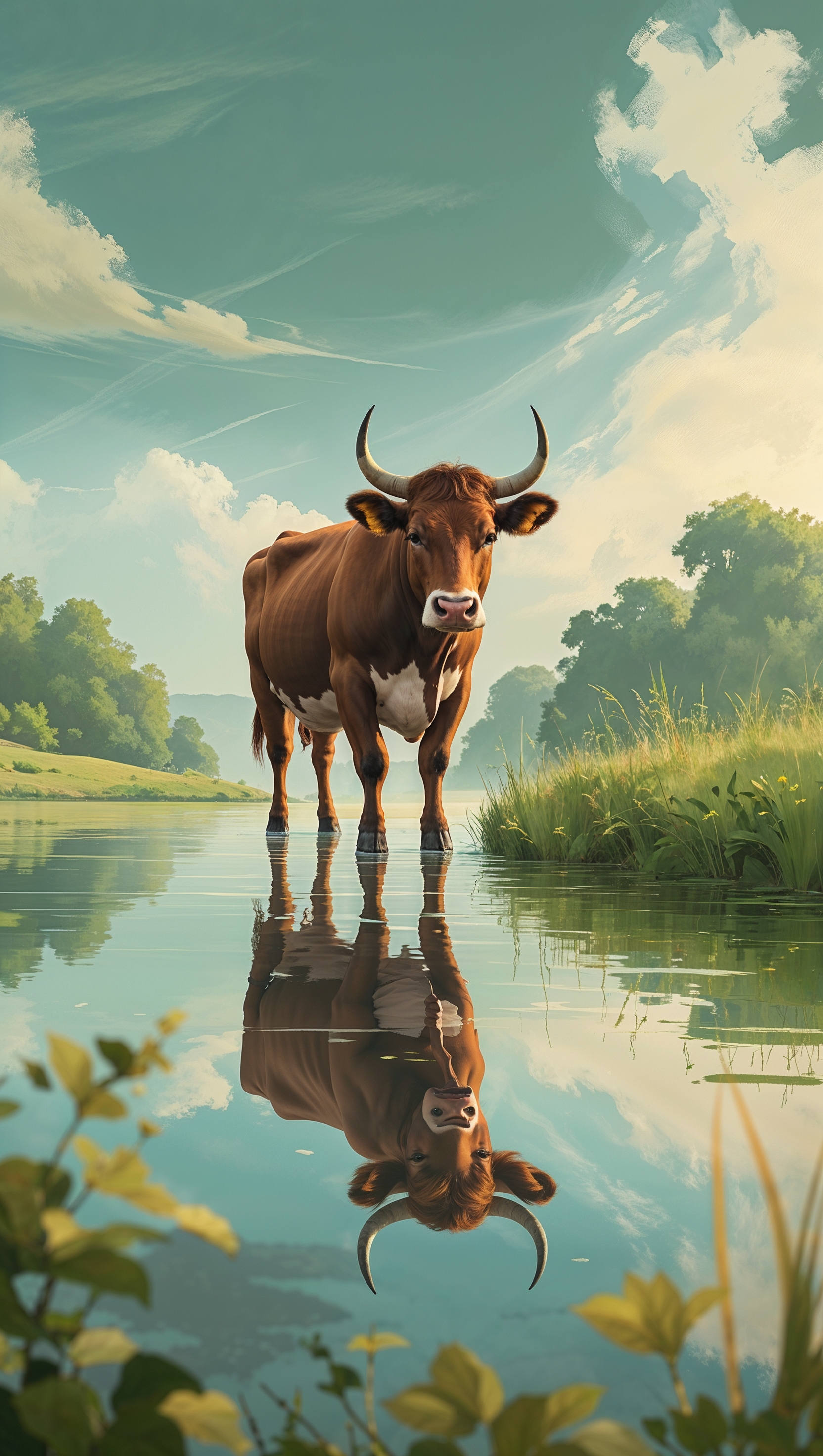 A picture of a cow by a calm lake with its reflection in the water for an iPhone wallpaper