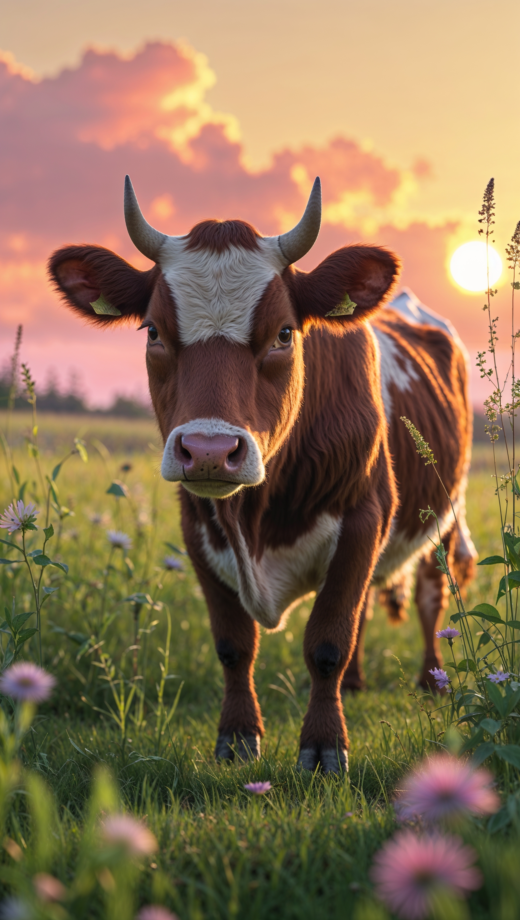 A cow grazing in a field with the sun rising in the background for an iPhone wallpaper
