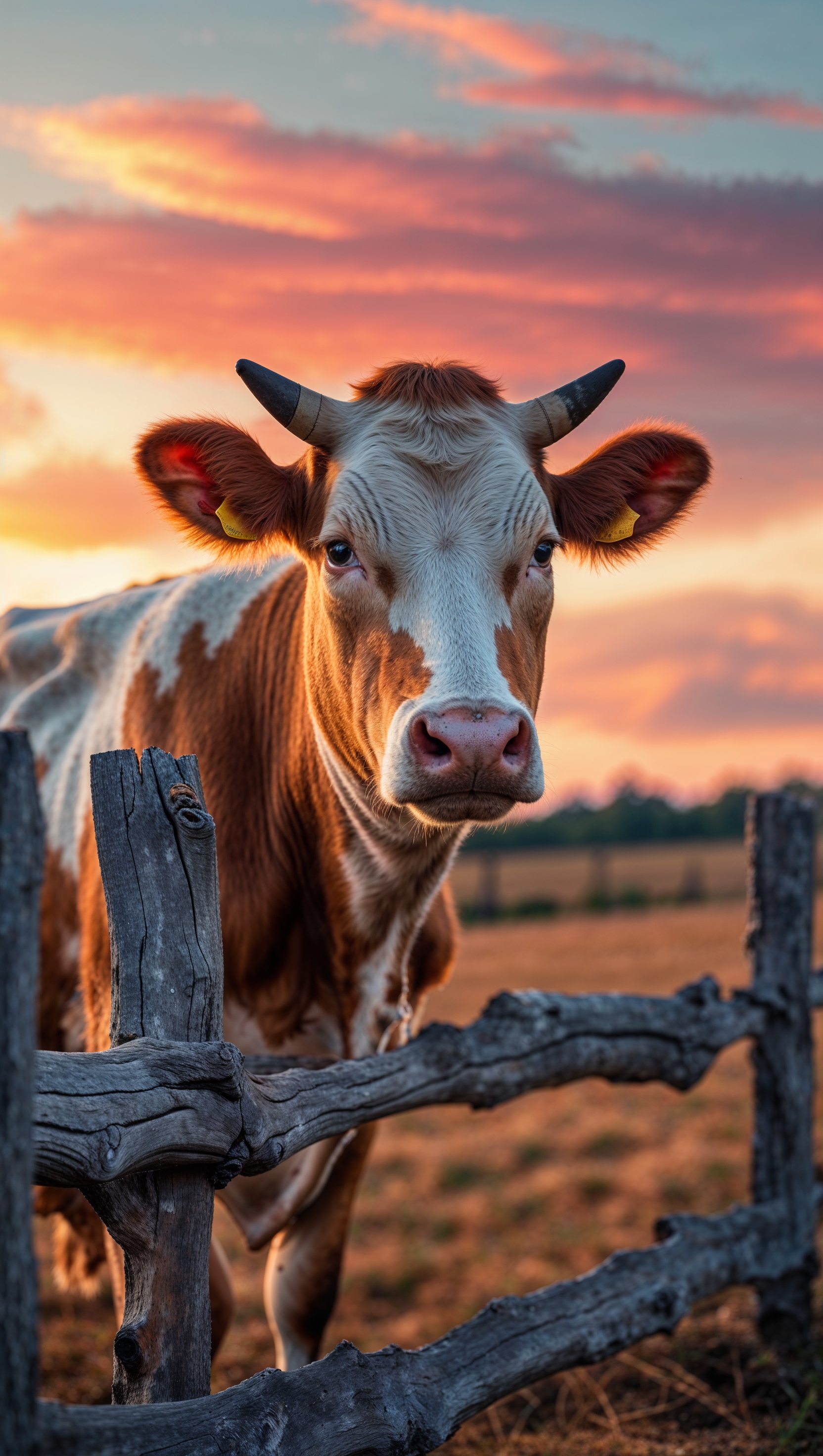 A cow next to a wooden fence with a sunset sky and beautiful colors for an iPhone wallpaper